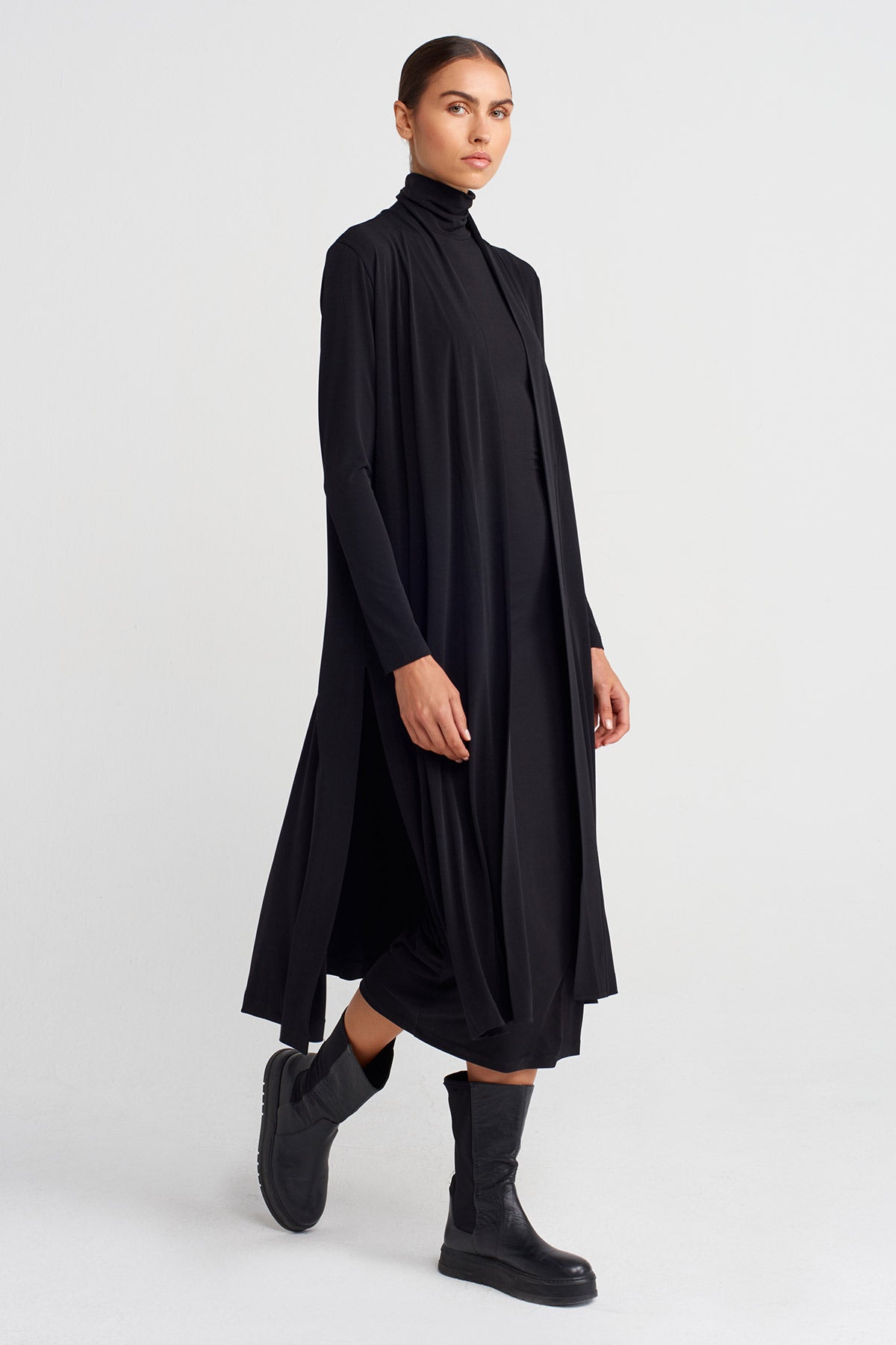 Black Long Jersey Cardigan with Back Slit-K255015104