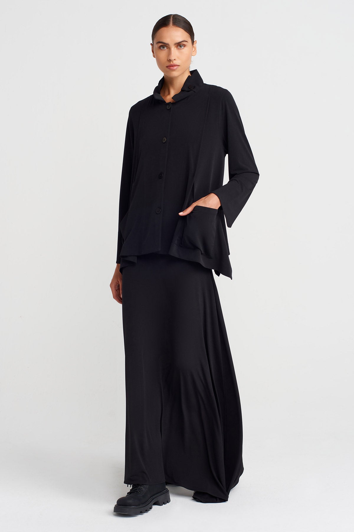 Black Jersey Cardigan with Mandarin Collar and Pockets-K255015105