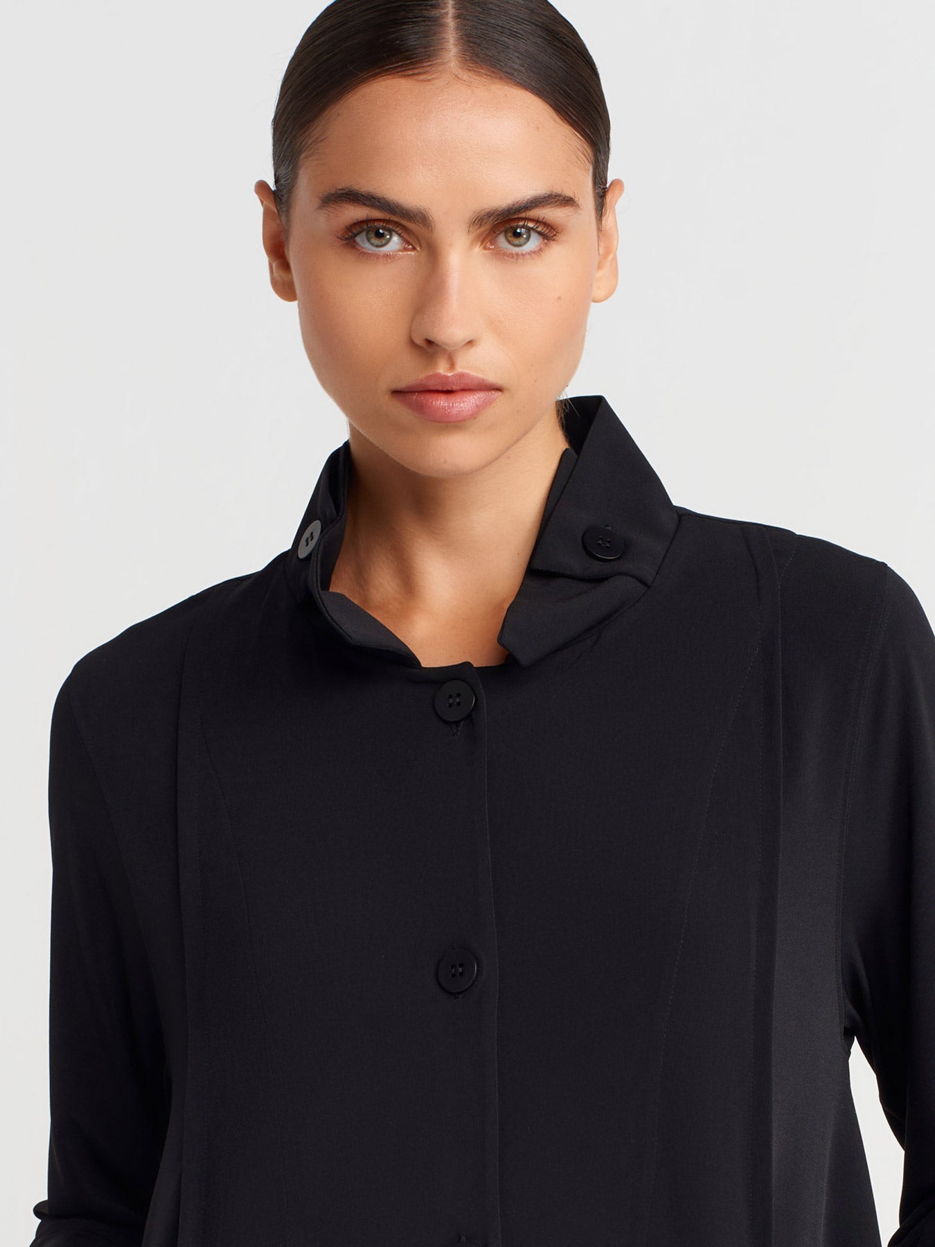 Black Jersey Cardigan with Mandarin Collar and Pockets-K255015105