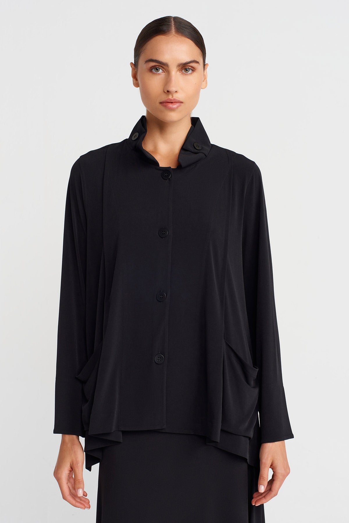 Black Jersey Cardigan with Mandarin Collar and Pockets-K255015105
