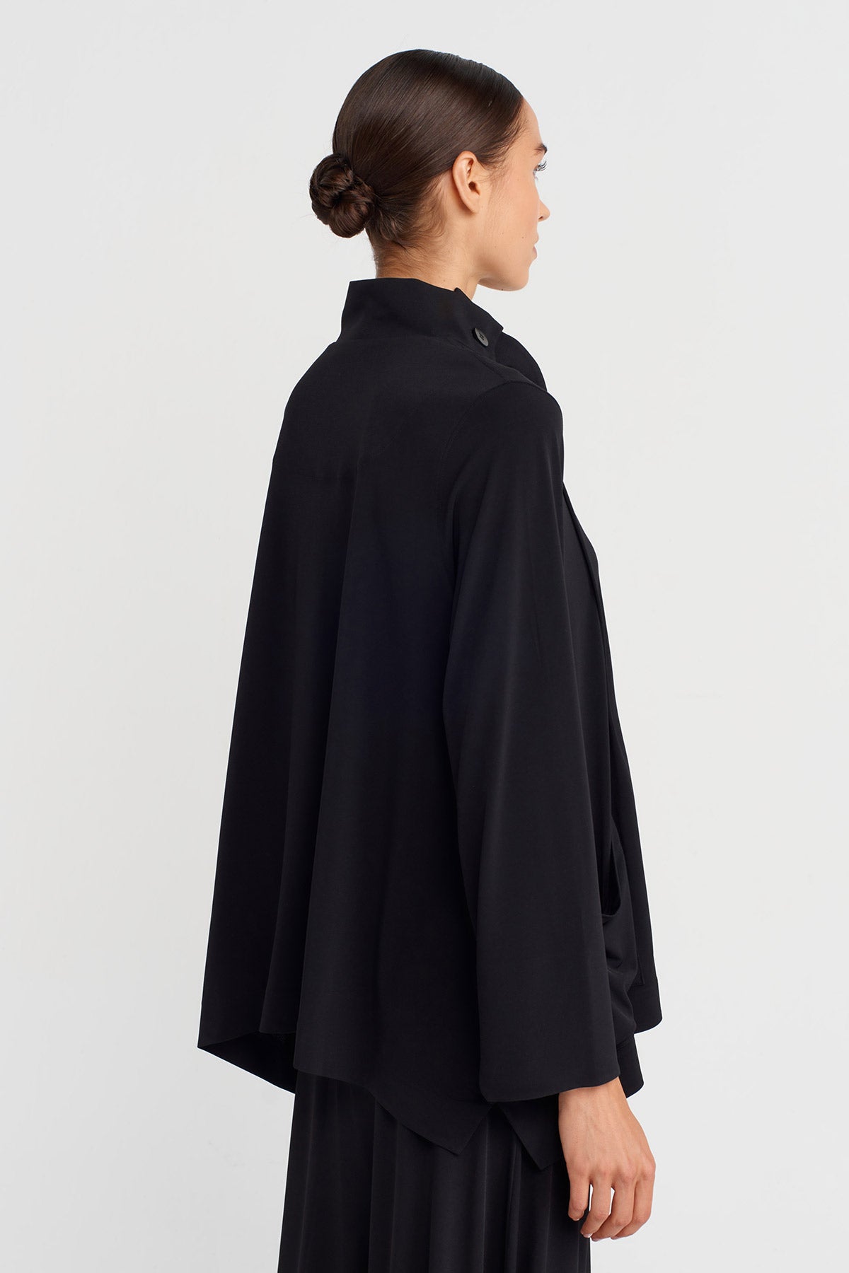 Black Jersey Cardigan with Mandarin Collar and Pockets-K255015105
