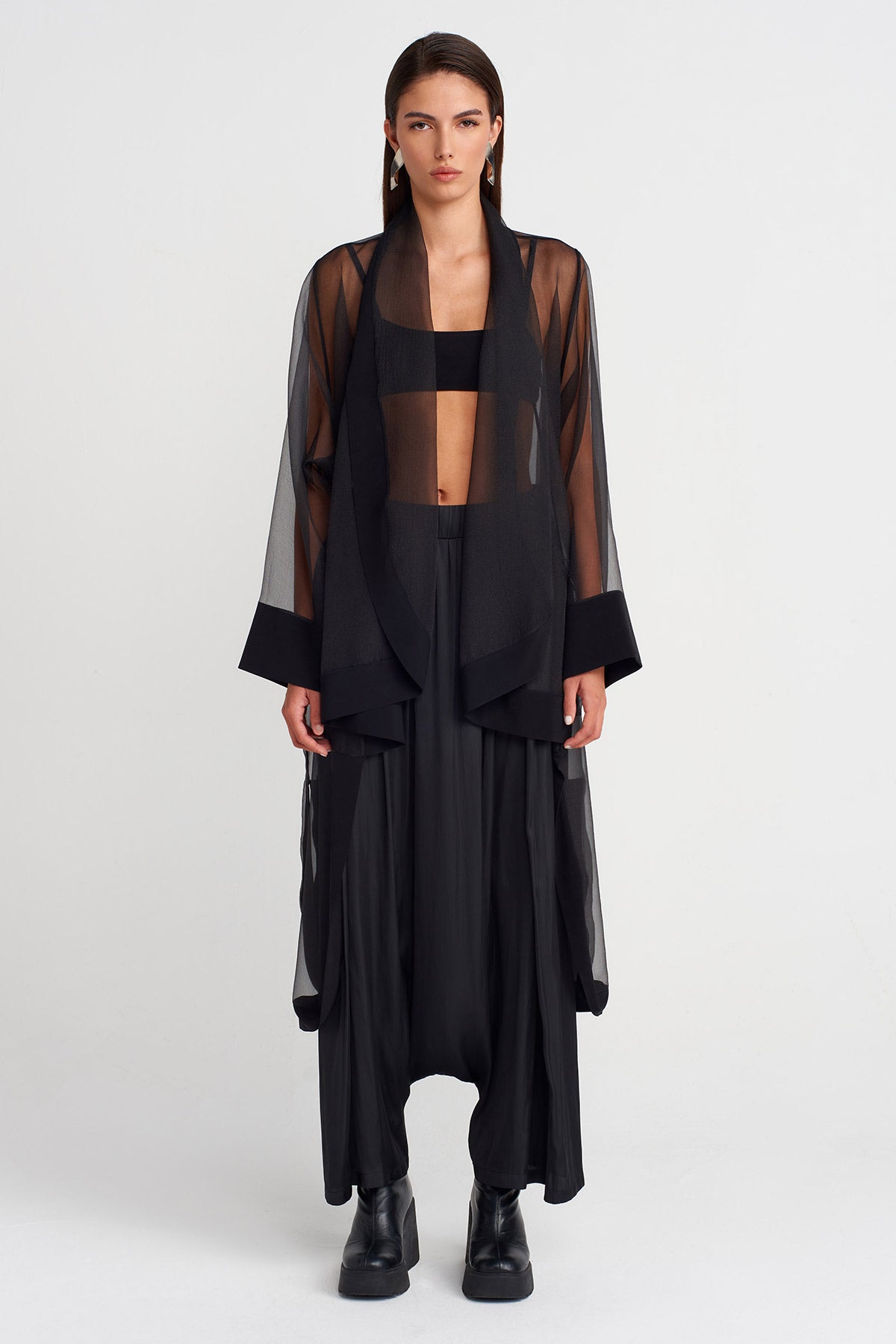 Black Long Cape-Form Organza Jacket-K255015110
