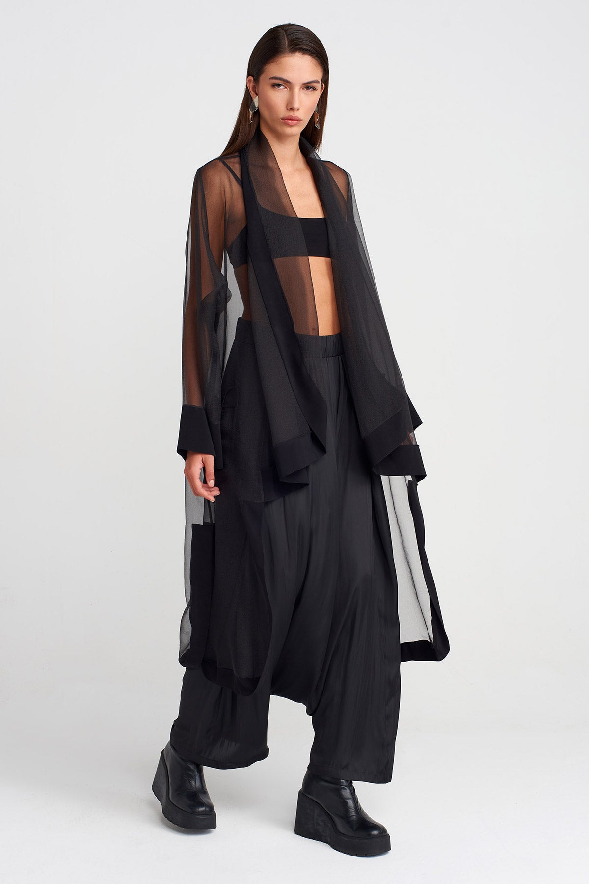 Black Long Cape-Form Organza Jacket-K255015110
