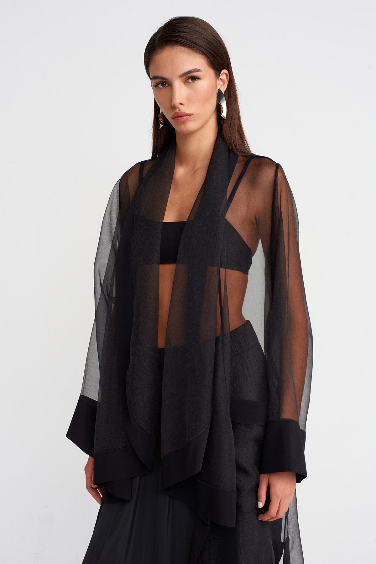Black Long Cape-Form Organza Jacket-K255015110