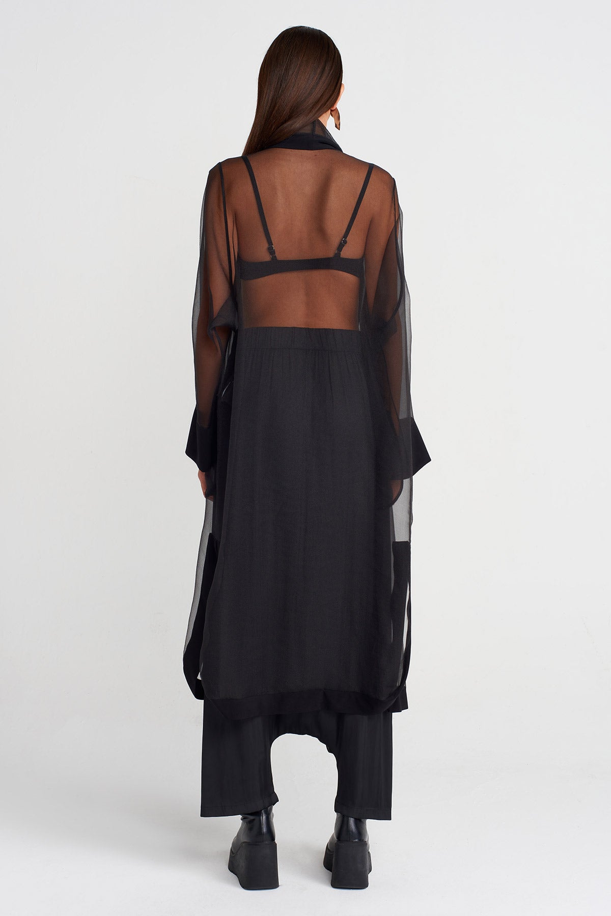Black Long Cape-Form Organza Jacket-K255015110
