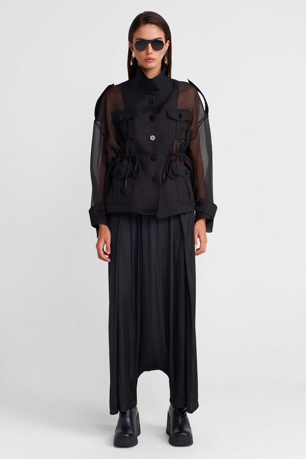Black Drawstring Waist Organza Jacket-K255015111