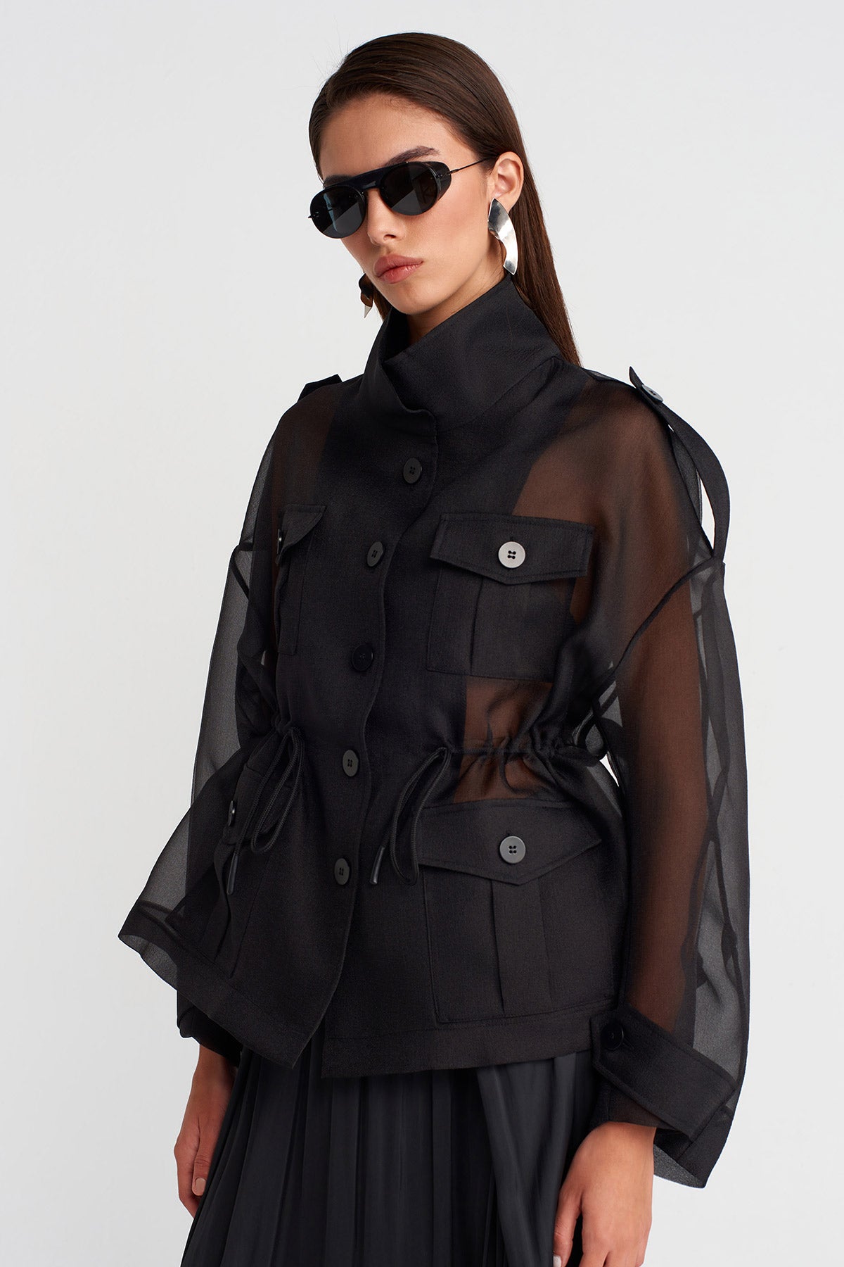 Black Drawstring Waist Organza Jacket-K255015111
