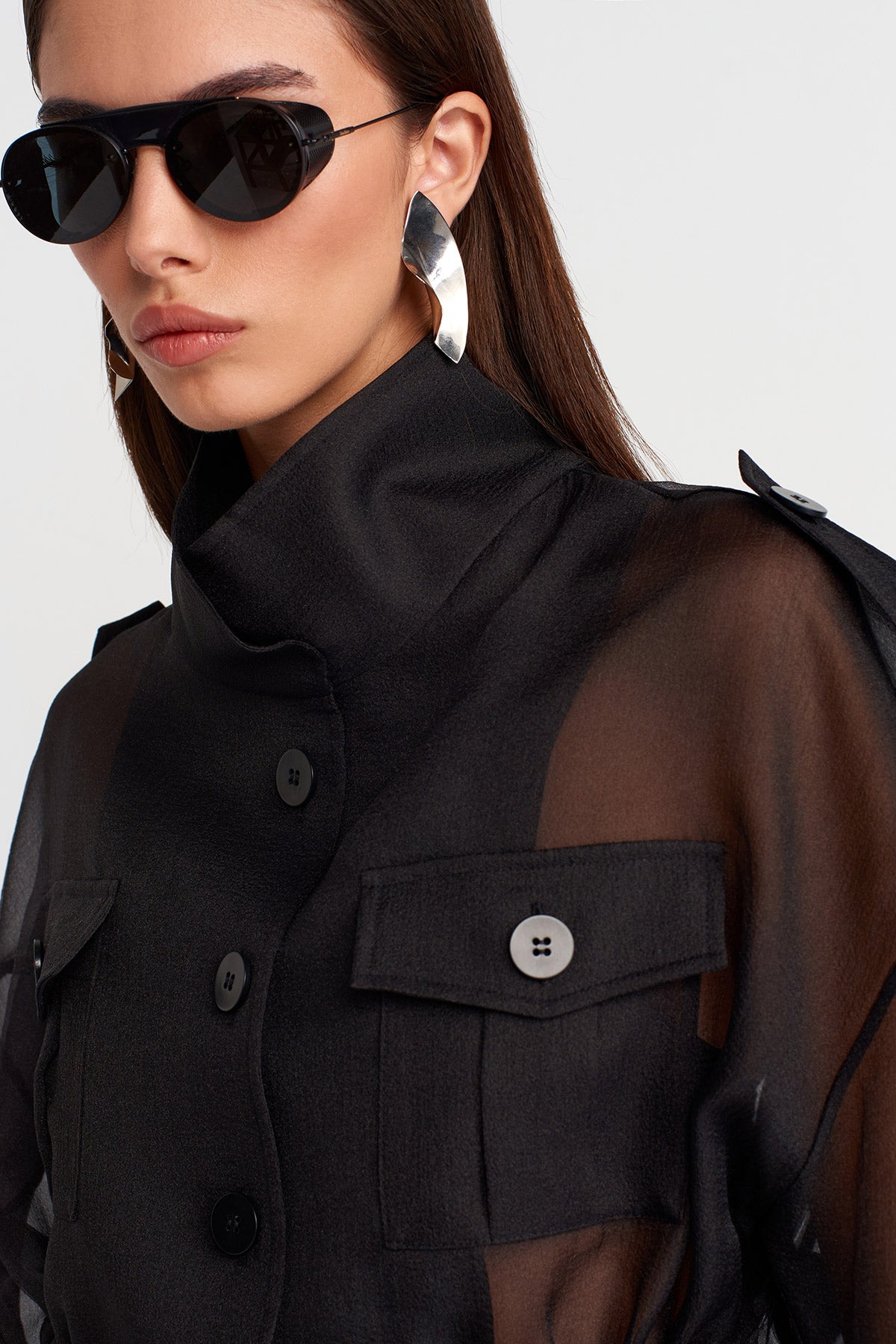 Black Drawstring Waist Organza Jacket-K255015111