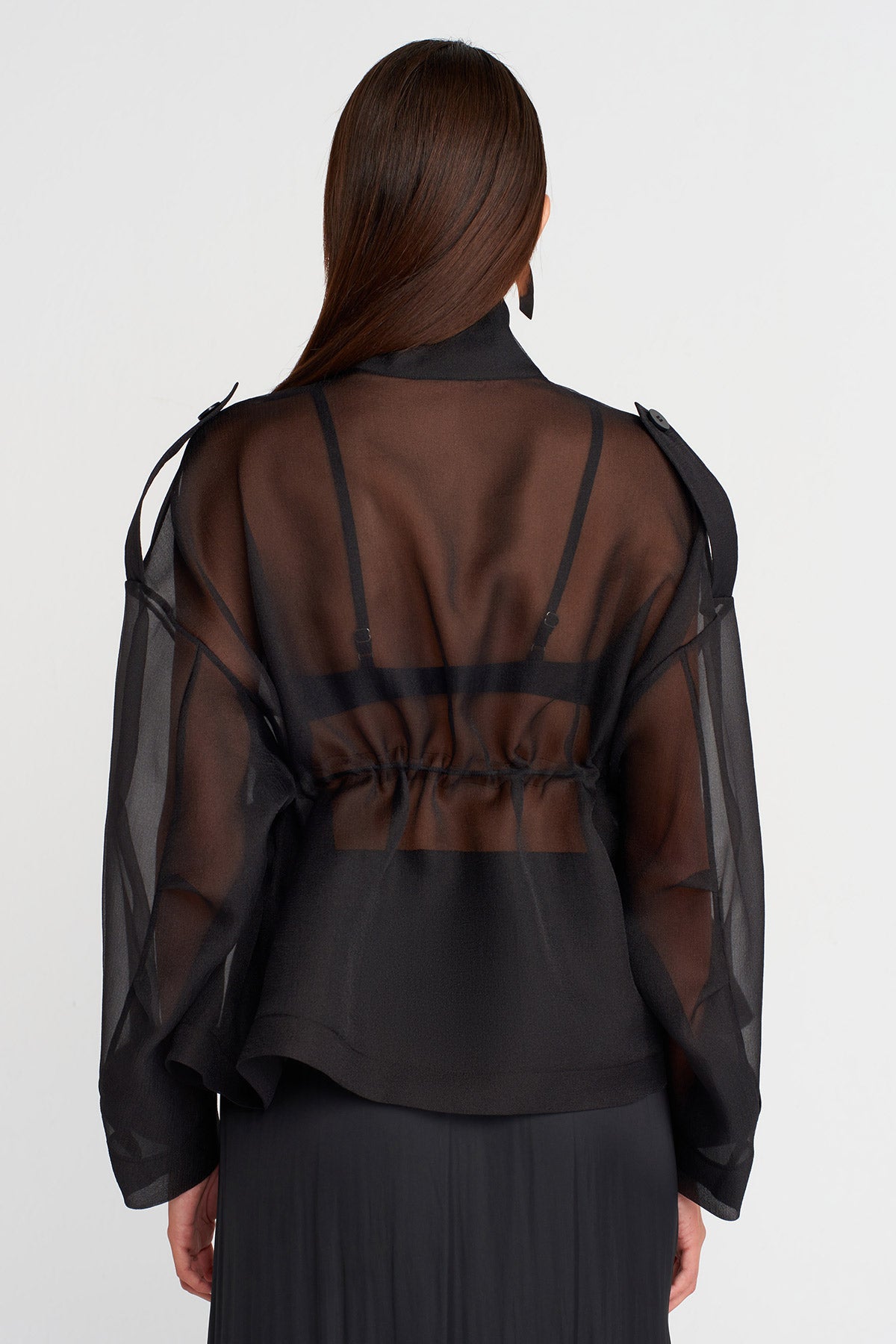 Black Drawstring Waist Organza Jacket-K255015111