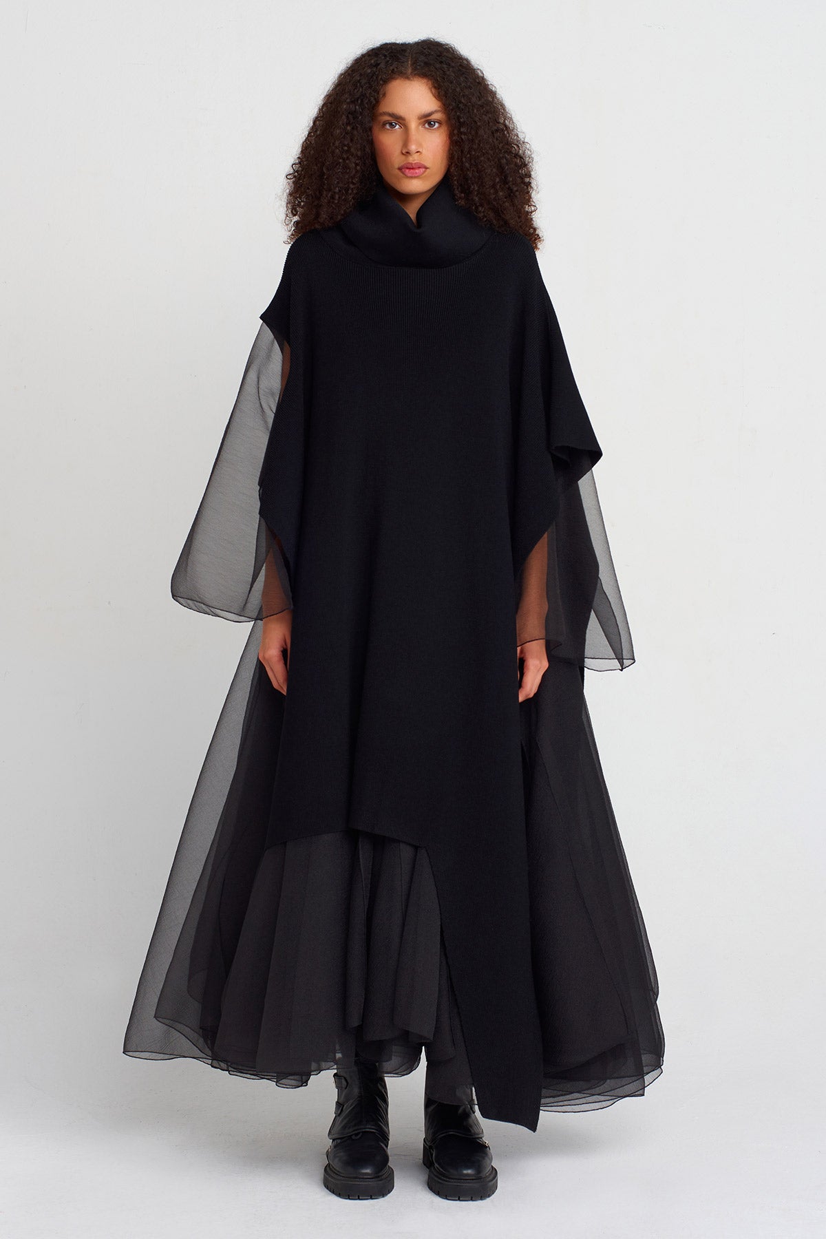 Black Asymmetric Long Knit Collar Poncho-K256016005
