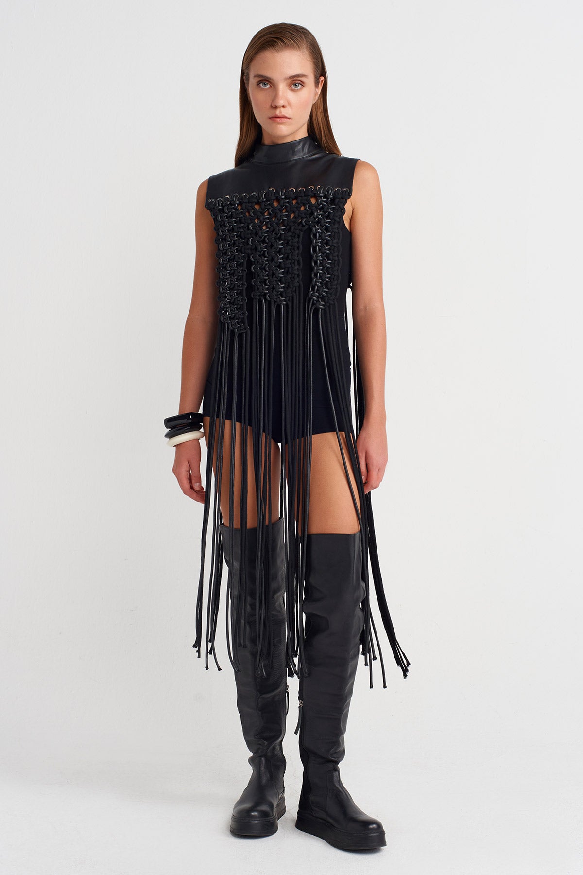 Black Leather-Collar Macramé Fringe Shoulder Piece-K256016010