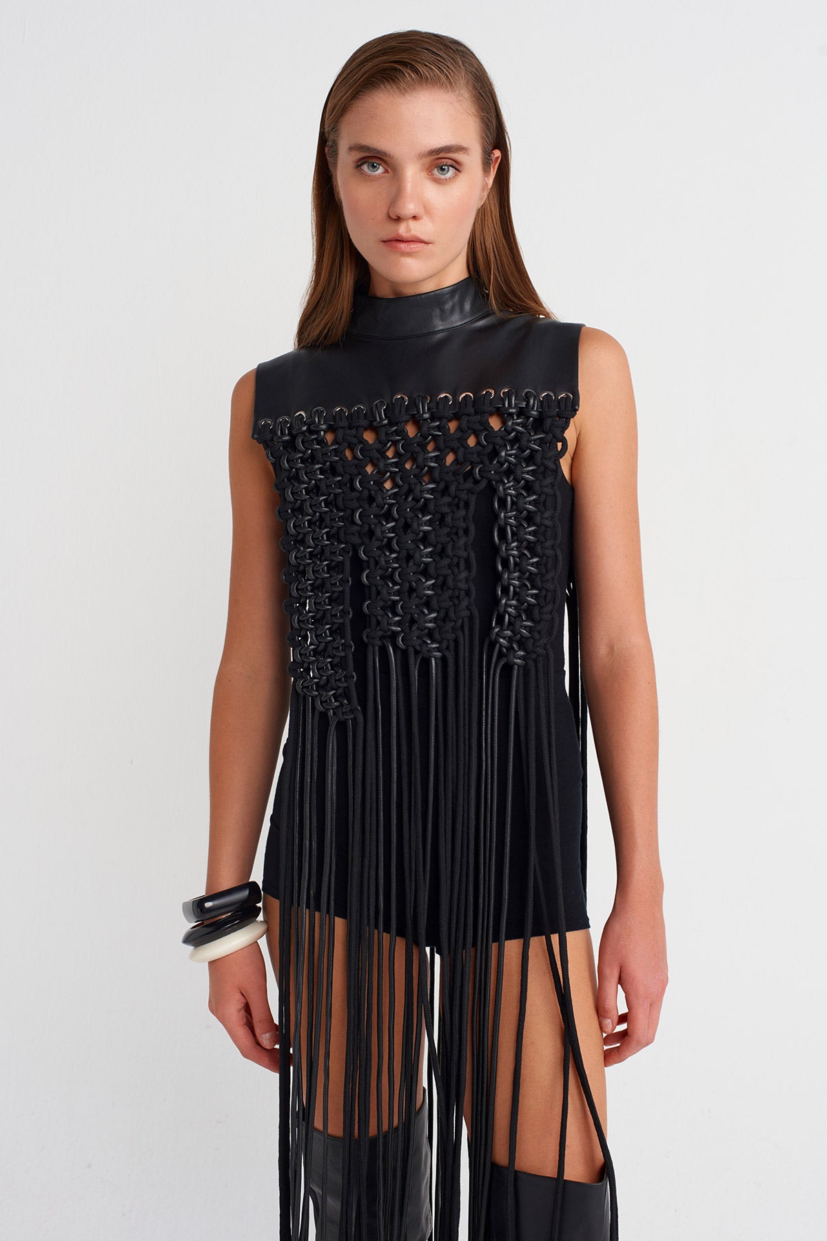 Black Leather-Collar Macramé Fringe Shoulder Piece-K256016010
