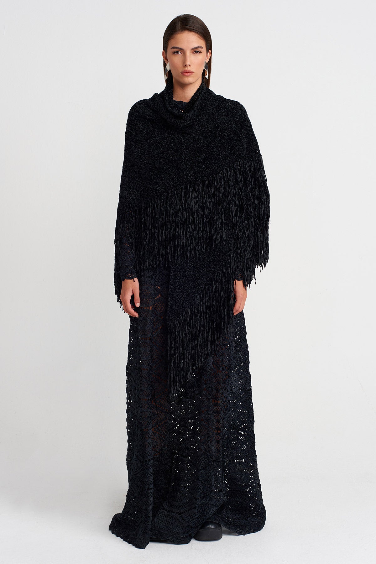 Black Fringe Detailed Knitted Shawl-K256016012