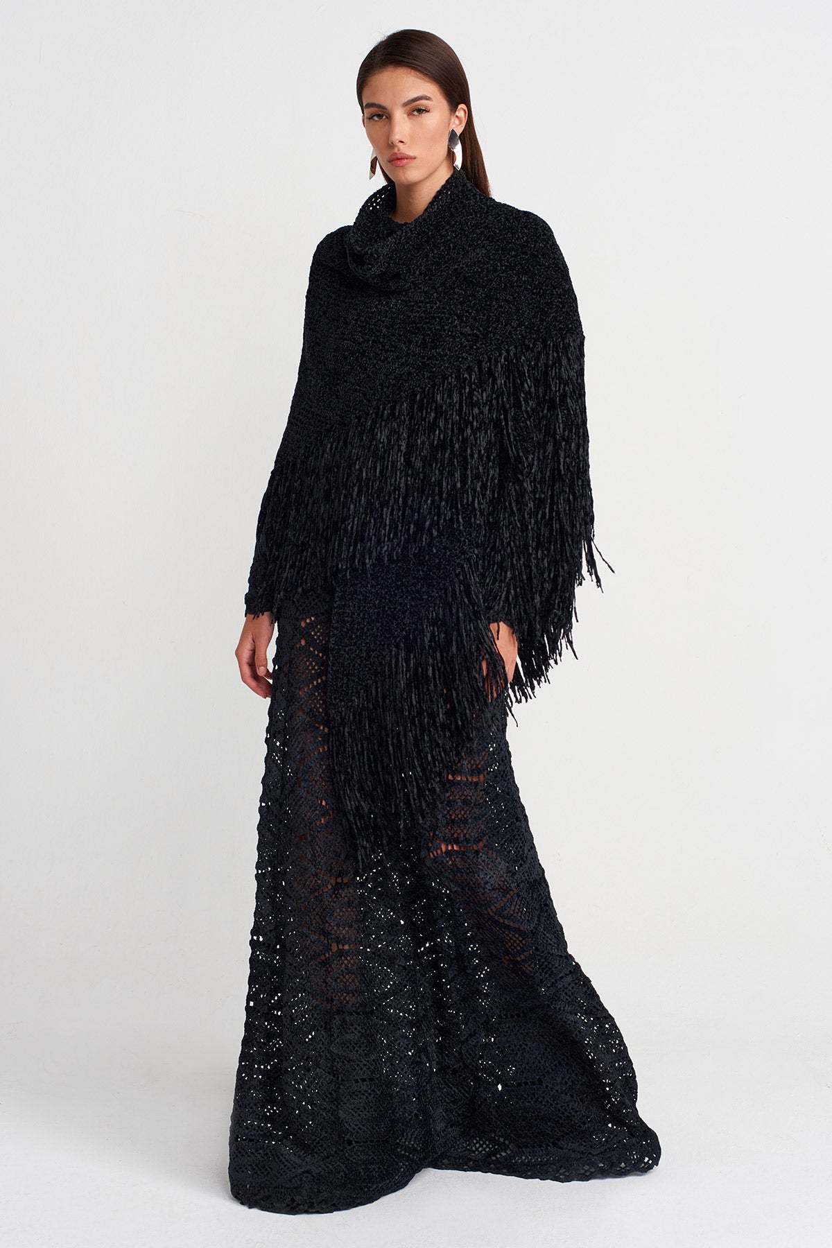 Black Fringe Detailed Knitted Shawl-K256016012