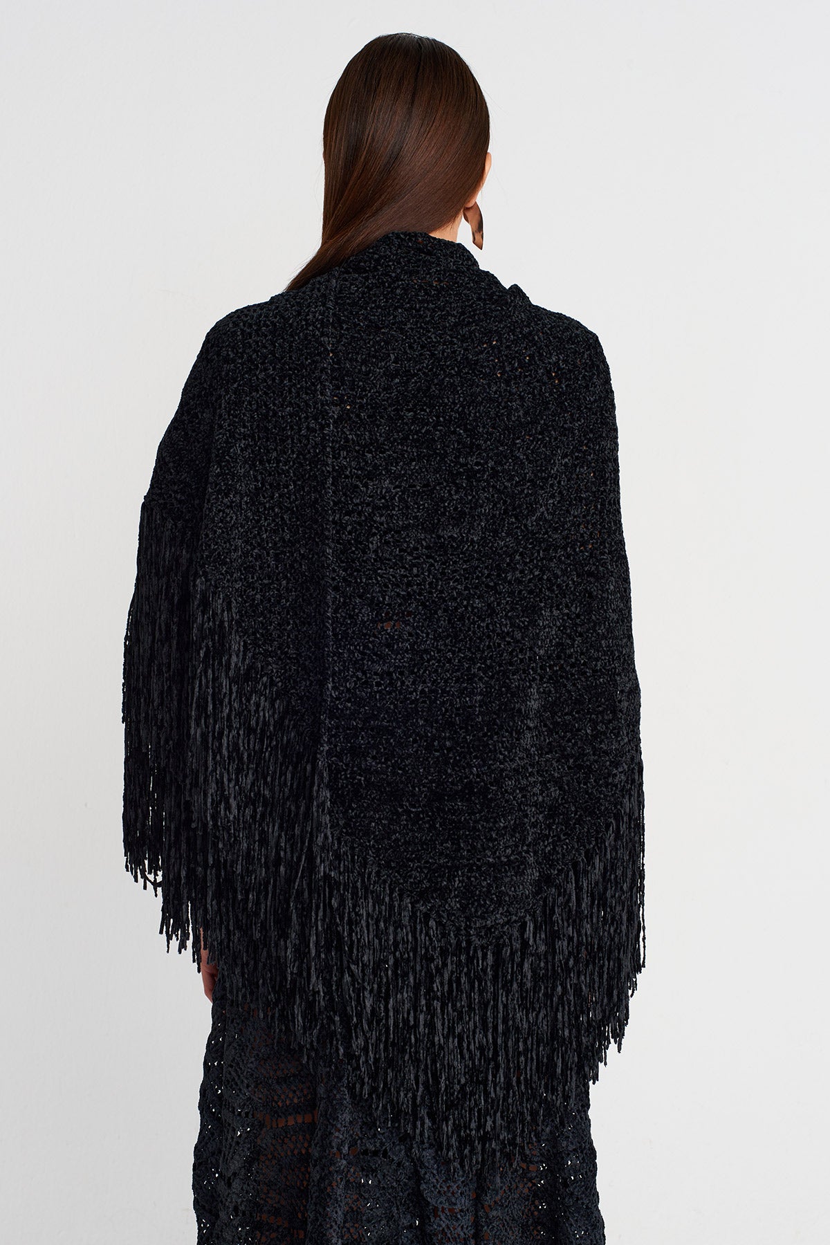 Black Fringe Detailed Knitted Shawl-K256016012