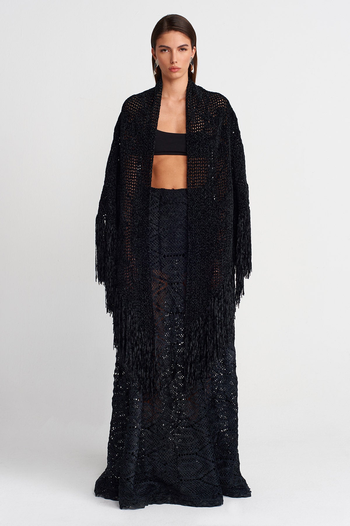 Black Fringe Detailed Knitted Shawl-K256016012