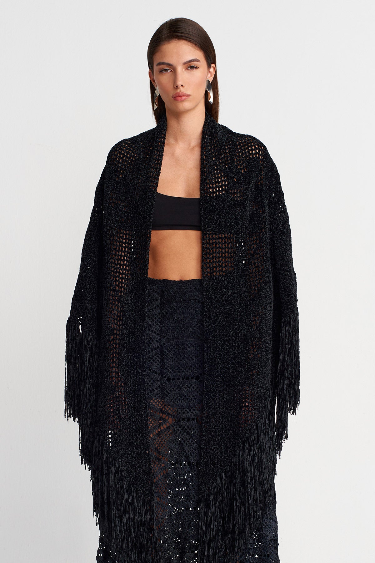 Black Fringe Detailed Knitted Shawl-K256016012