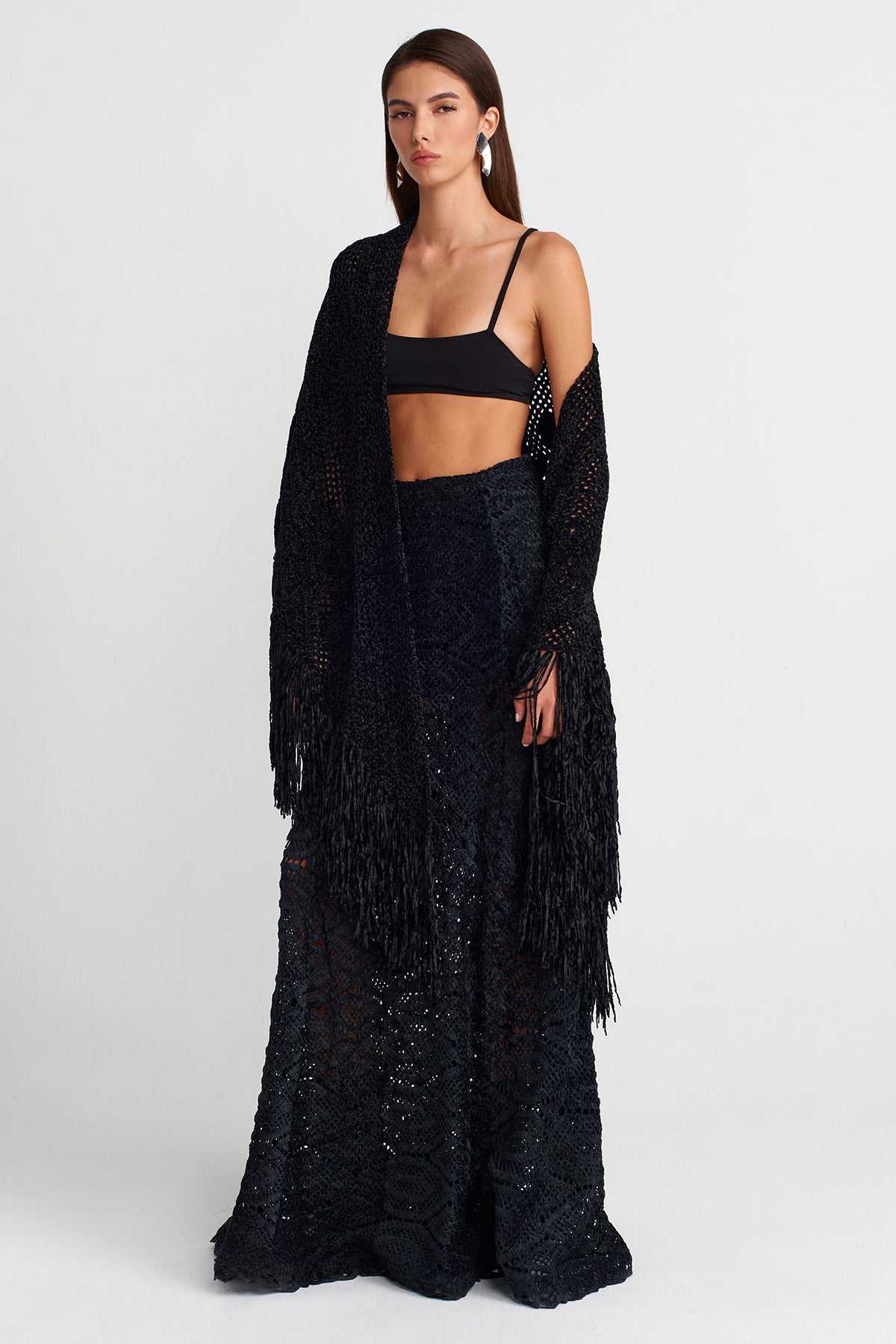 Black Fringe Detailed Knitted Shawl-K256016012