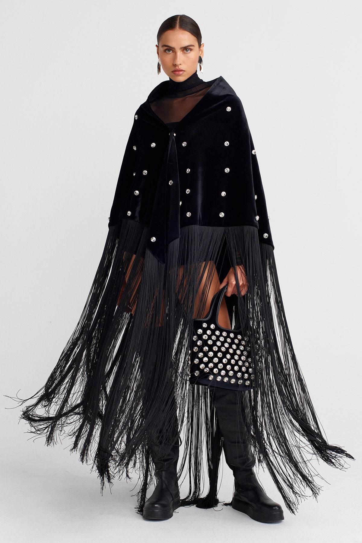 Black Velvet Shawl with Stone Embroidery and Fringes-K256016013