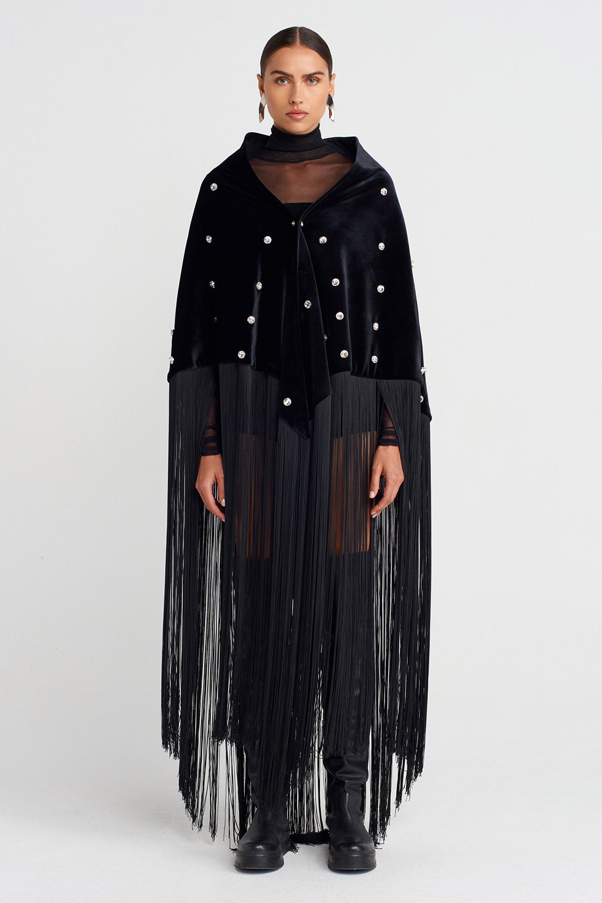 Black Velvet Shawl with Stone Embroidery and Fringes-K256016013