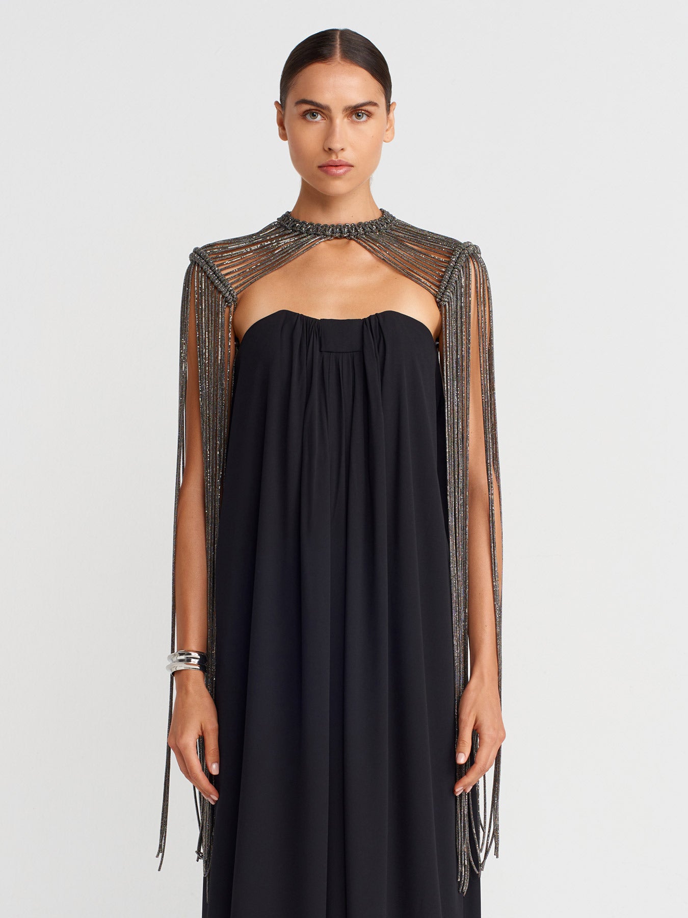 Anthracite Macramé Shoulder Piece with Stone Strings-K256016014
