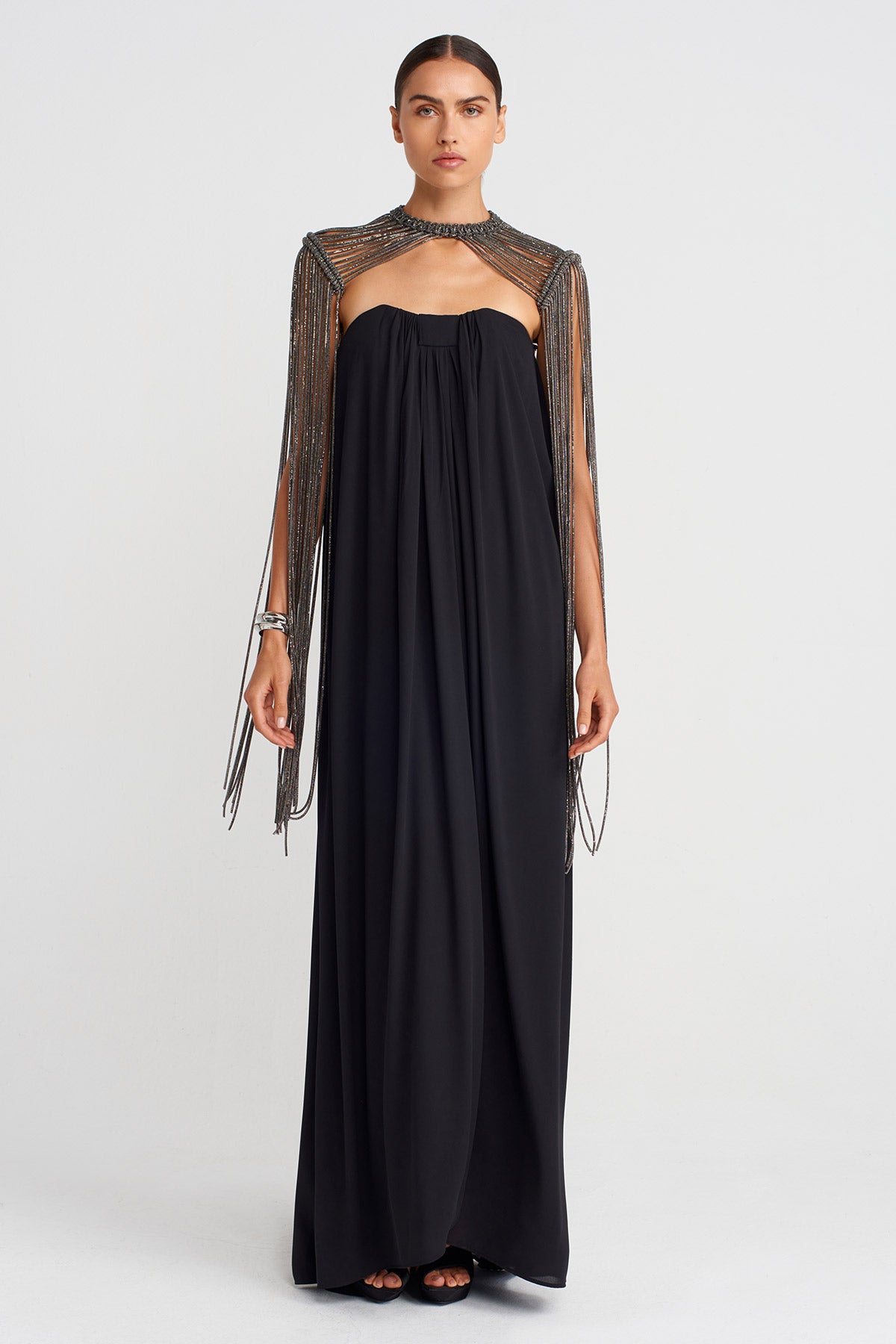 Anthracite Macramé Shoulder Piece with Stone Strings-K256016014