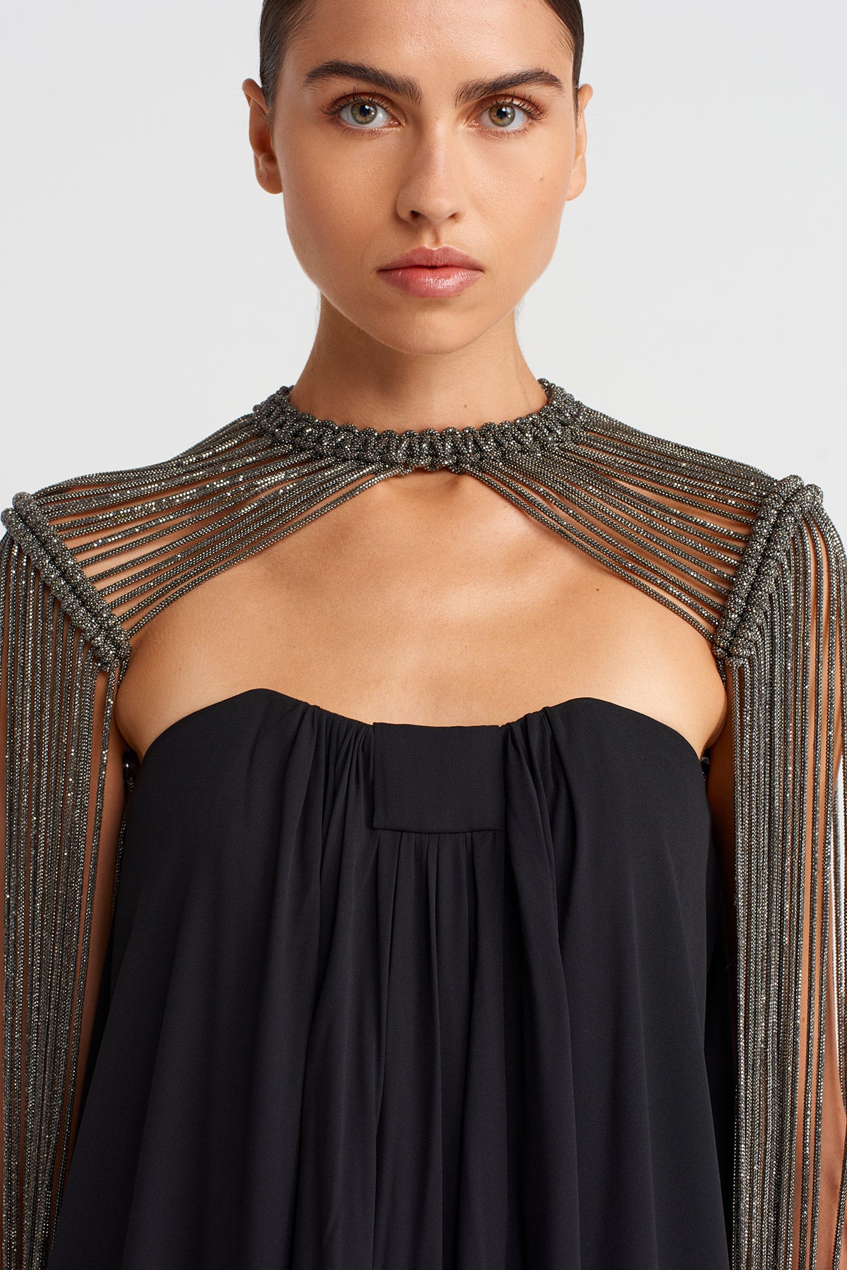 Anthracite Macramé Shoulder Piece with Stone Strings-K256016014