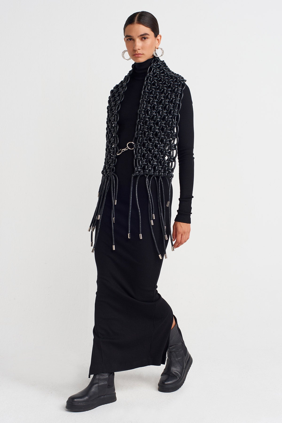 Black Macramé Shoulder Piece with Metal-Tipped Fringes-K256016016