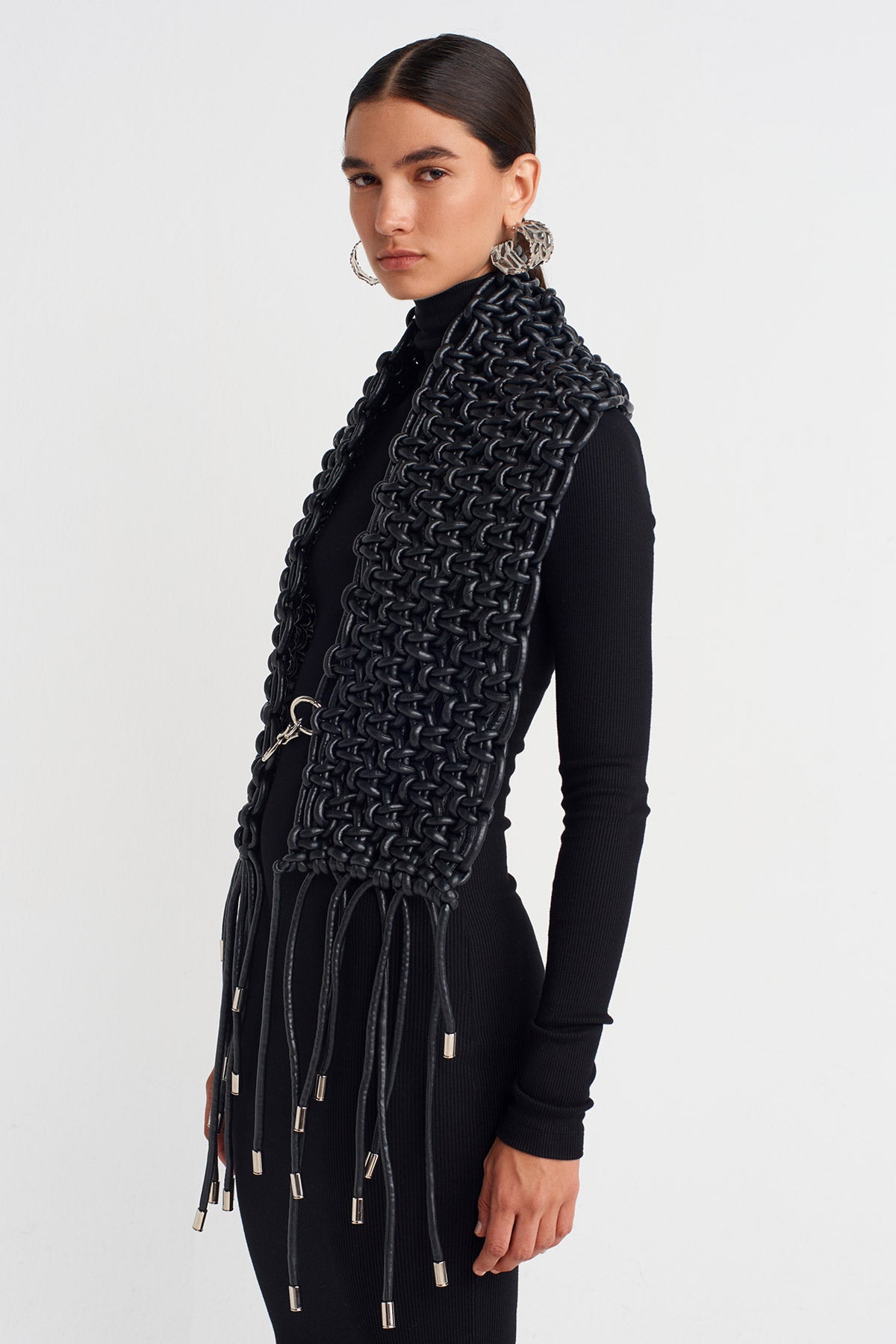 Black Macramé Shoulder Piece with Metal-Tipped Fringes-K256016016