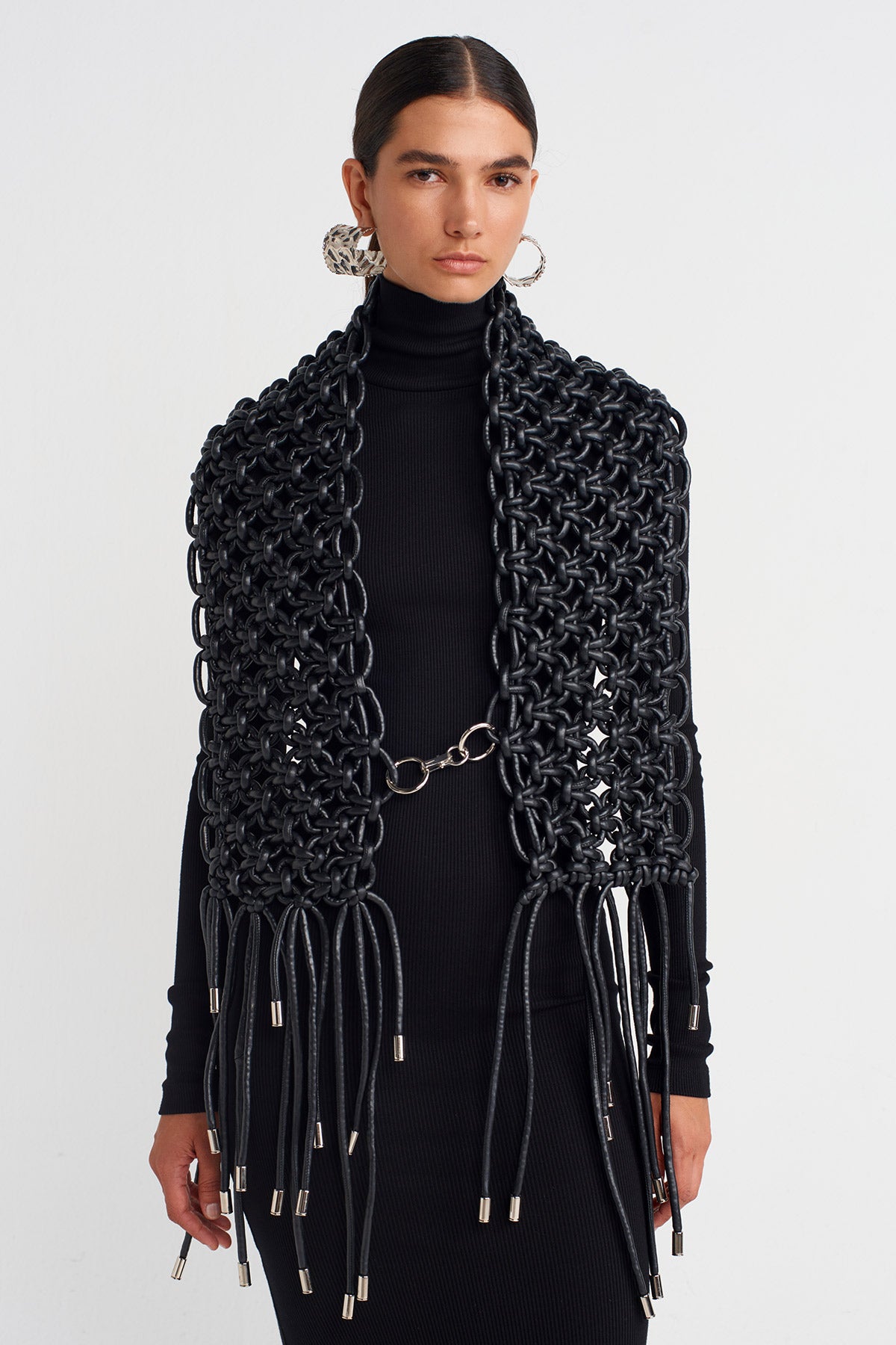 Black Macramé Shoulder Piece with Metal-Tipped Fringes-K256016016