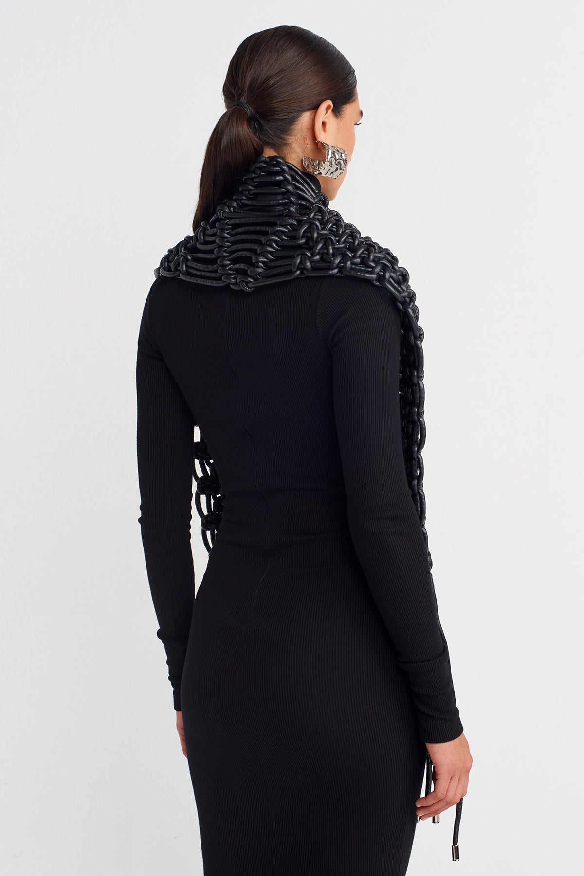 Black Macramé Shoulder Piece with Metal-Tipped Fringes-K256016016