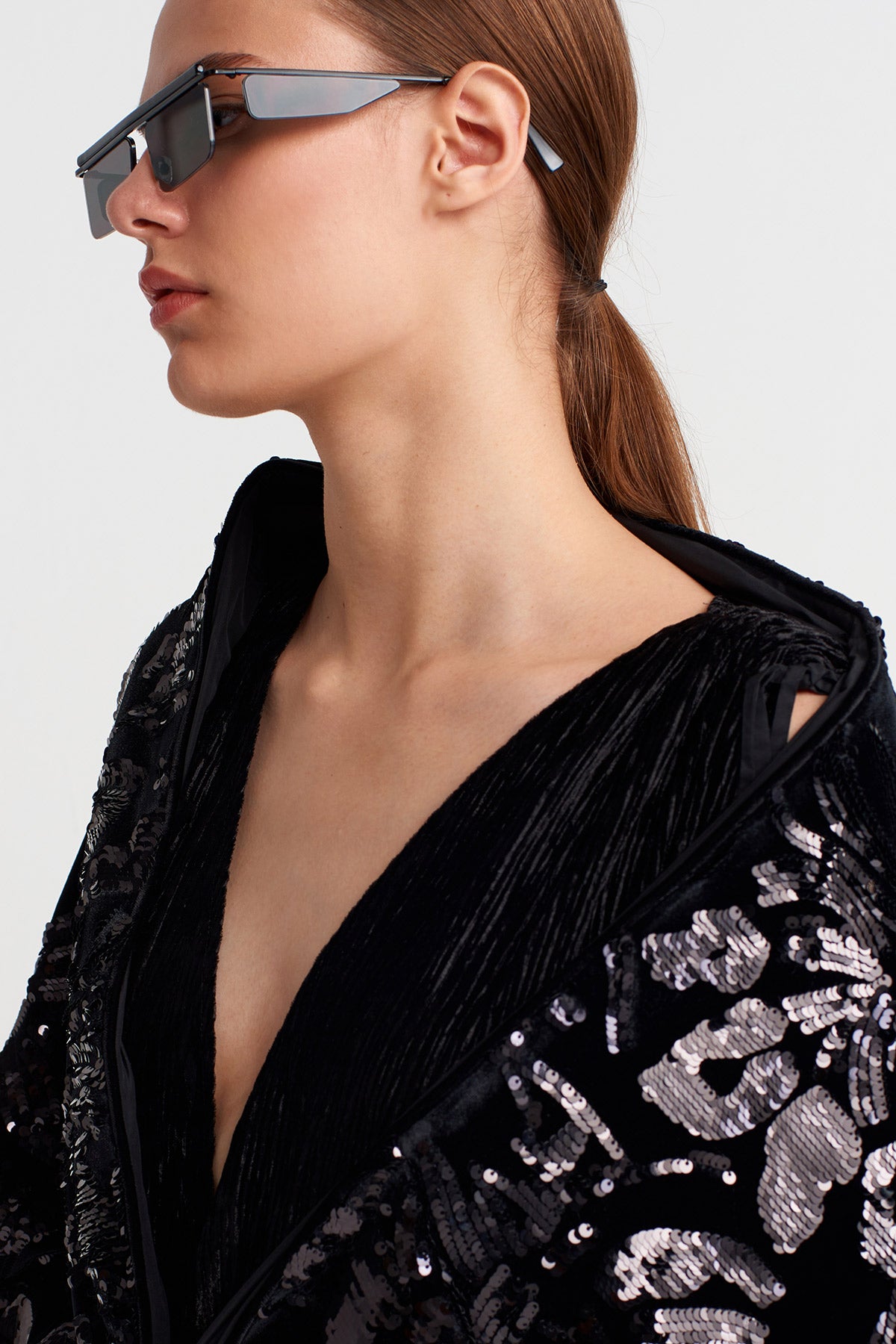 Black Sequin Embroidered Shawl with Fringe-K256016017