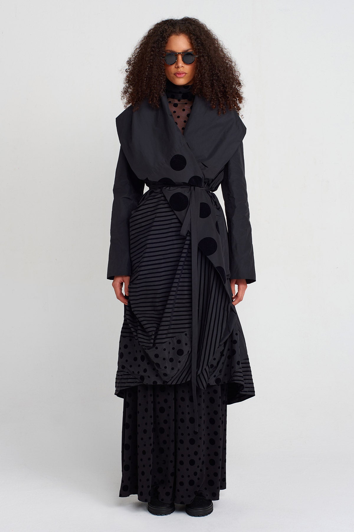 Multicolor Striped and Polka-Dot Draped Taffeta Coat-K257017004