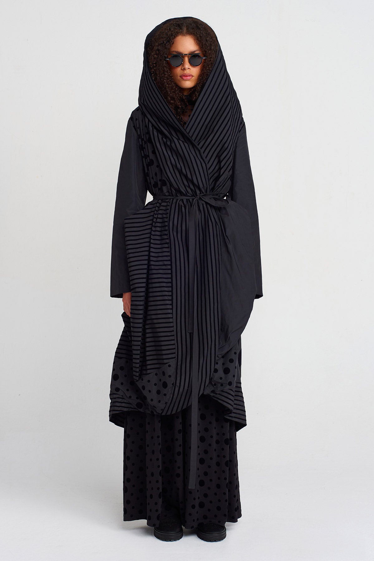 Multicolor Striped and Polka-Dot Draped Taffeta Coat-K257017004