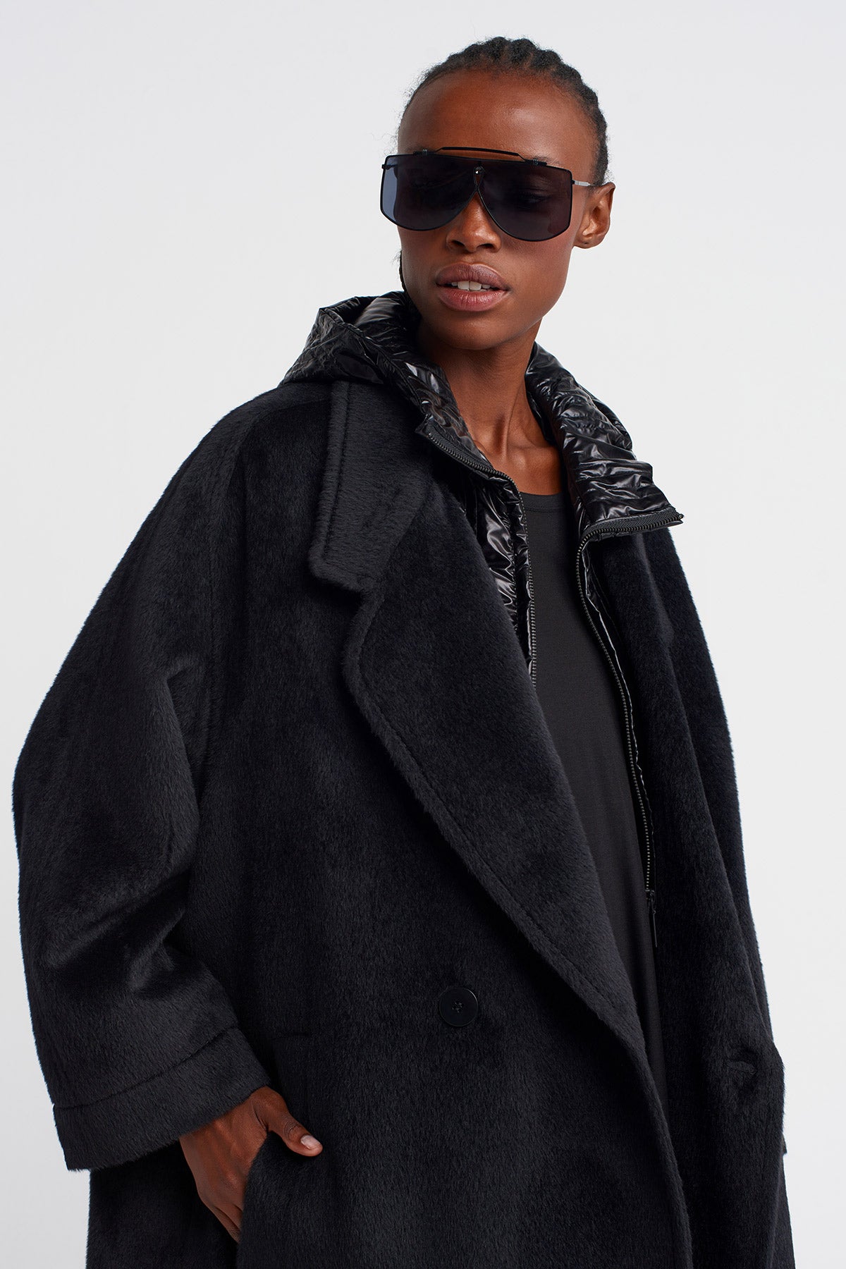 Black Long Fuzzy Coat with Shiny Hood Detail-K257017007