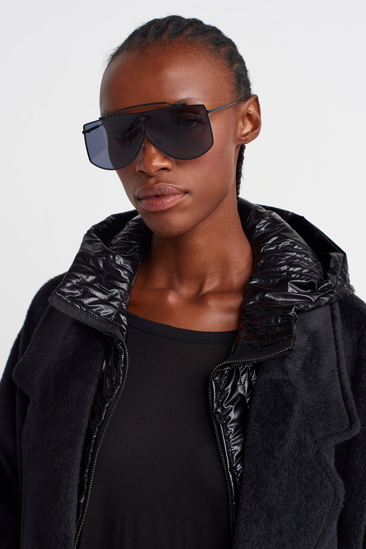 Black Long Fuzzy Coat with Shiny Hood Detail-K257017007
