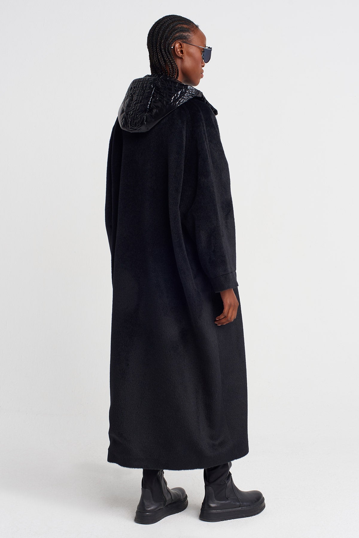 Black Long Fuzzy Coat with Shiny Hood Detail-K257017007