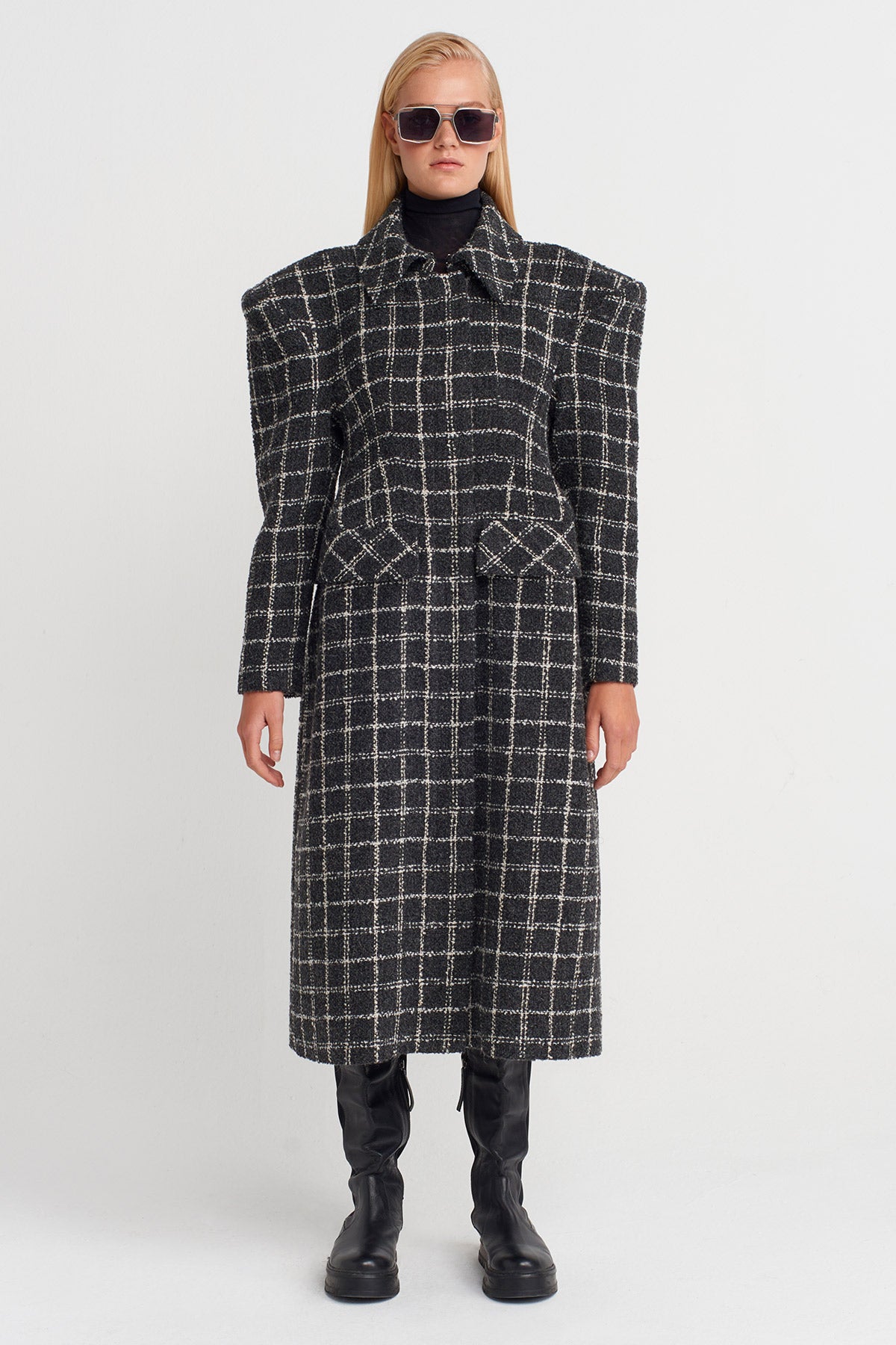 Grey/White Structured Shoulder Long Coat-K257017011