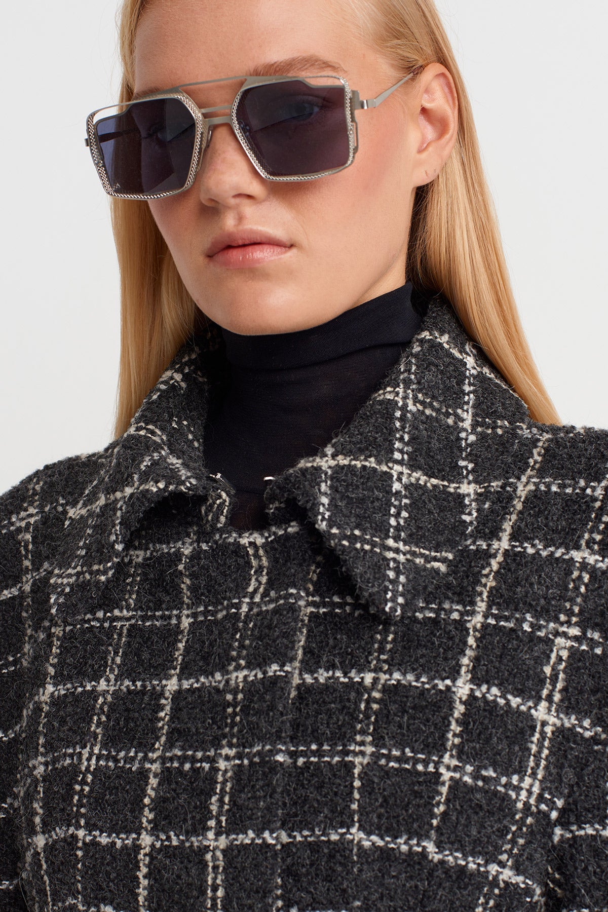 Grey/White Structured Shoulder Long Coat-K257017011