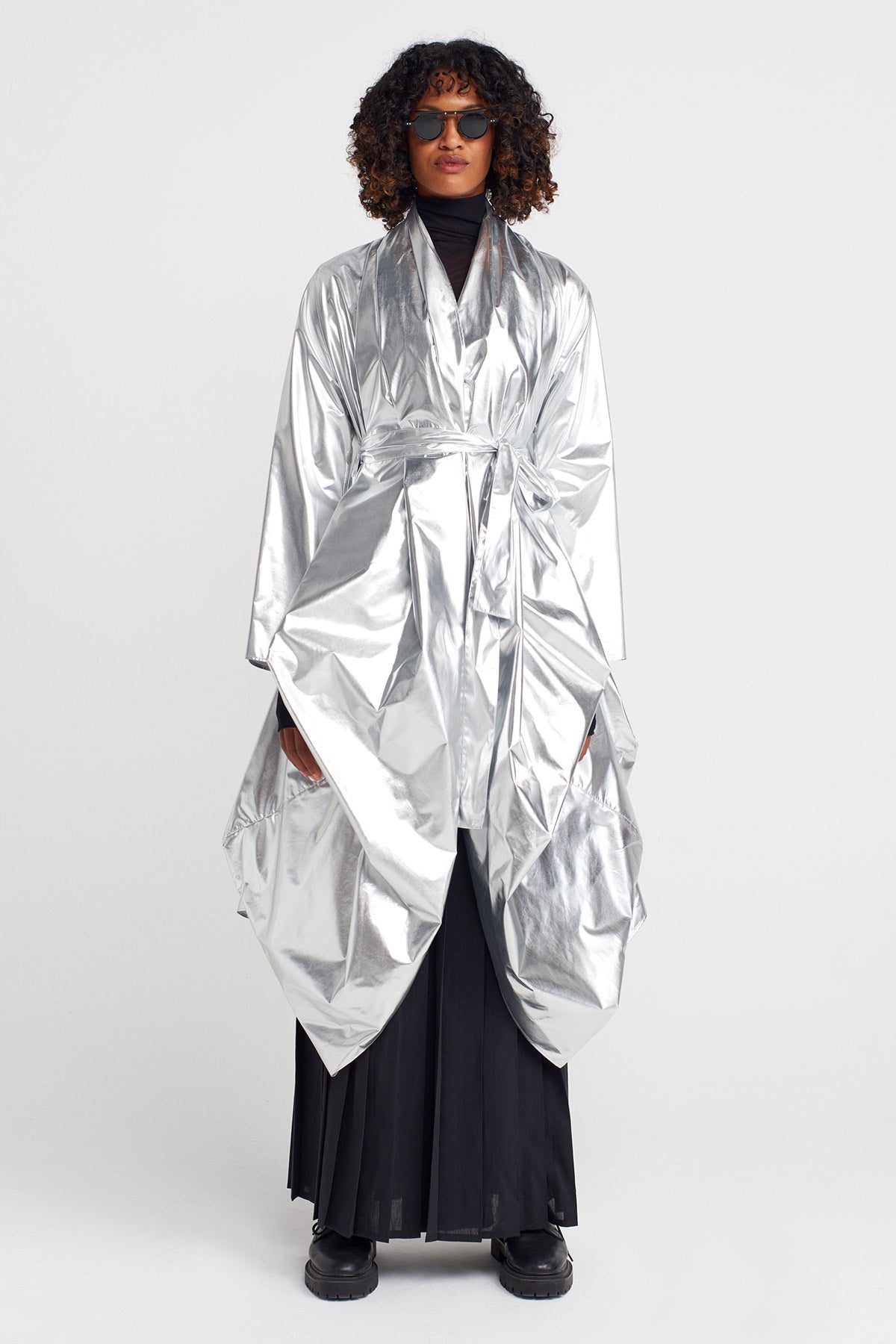 Silver Metallic Belted Trench Jacket-K257017012