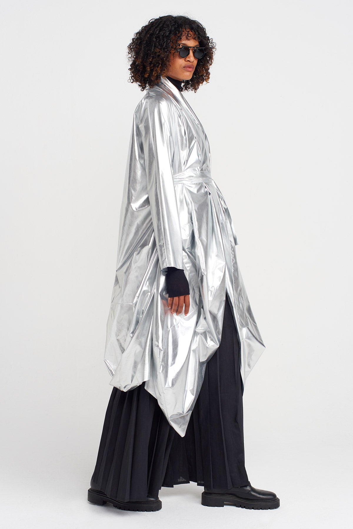 Silver Metallic Belted Trench Jacket-K257017012