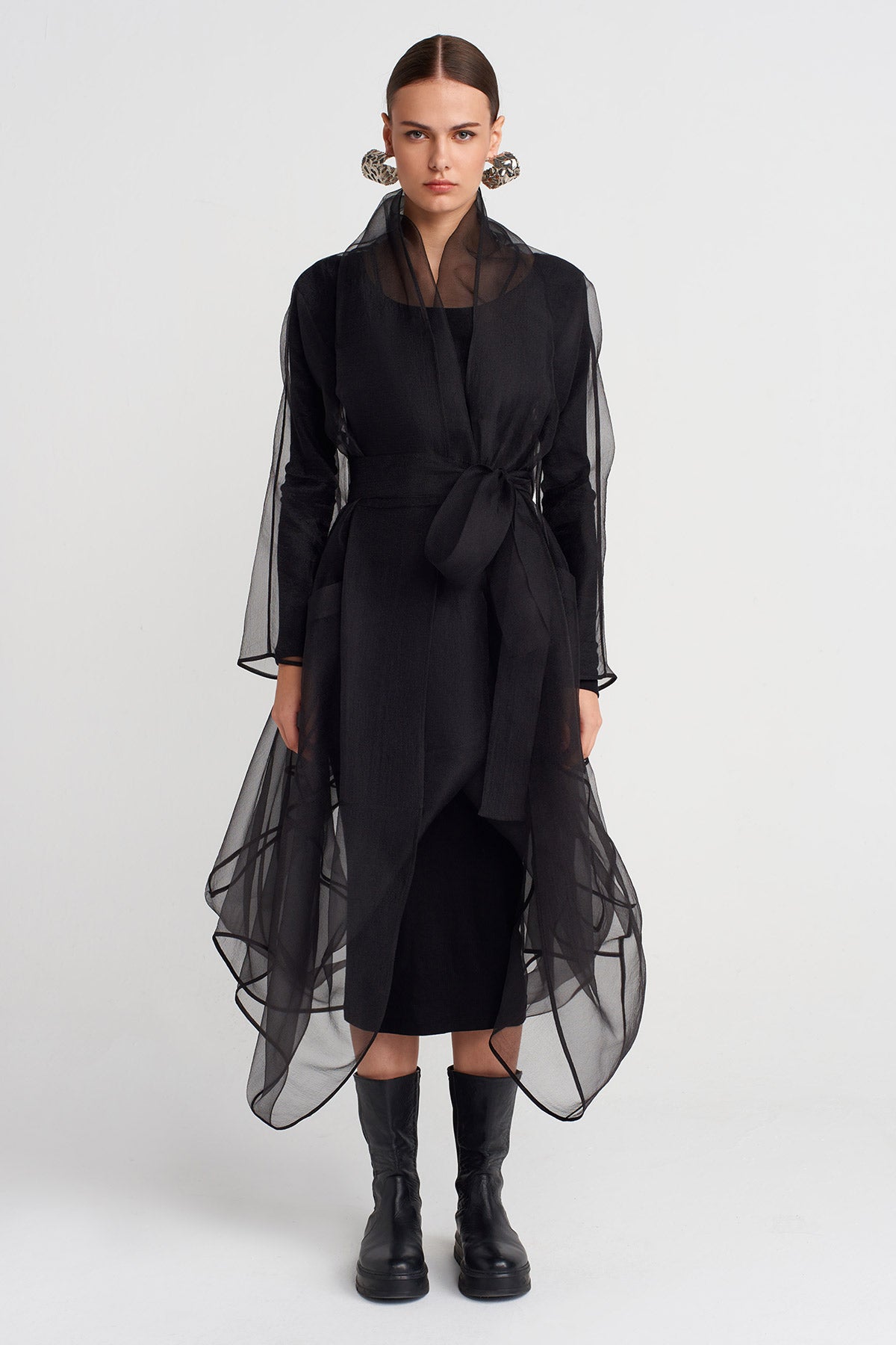 Black Long Belted Organza Jacket-K257017018