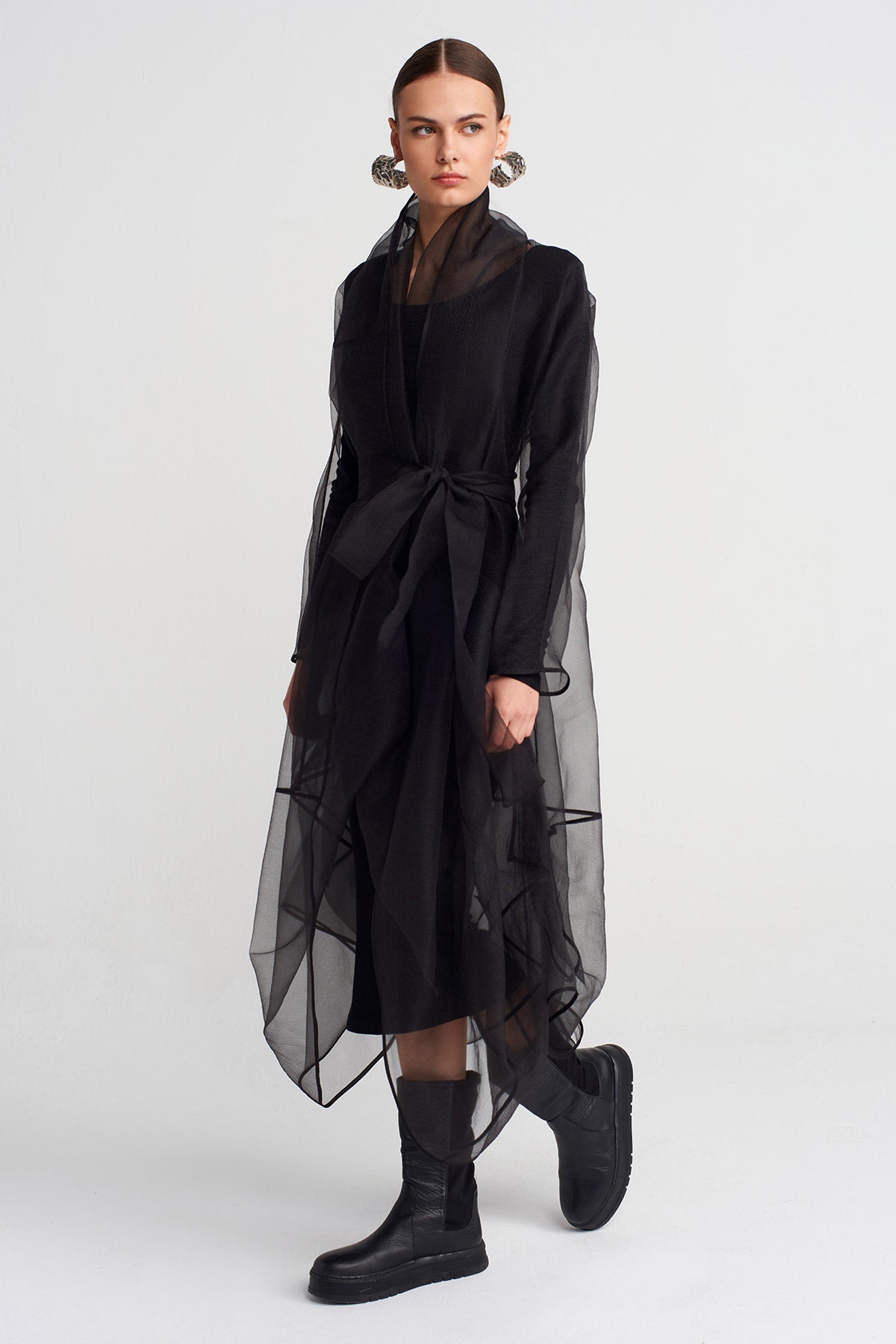 Black Long Belted Organza Jacket-K257017018