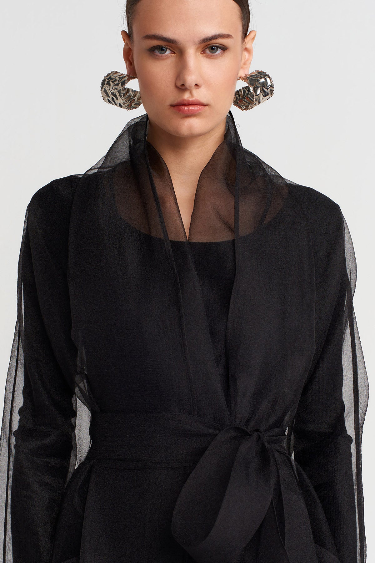 Black Long Belted Organza Jacket-K257017018