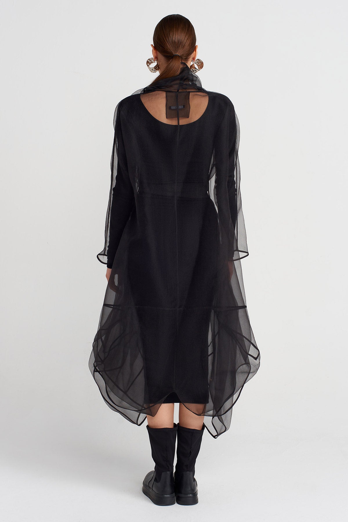 Black Long Belted Organza Jacket-K257017018