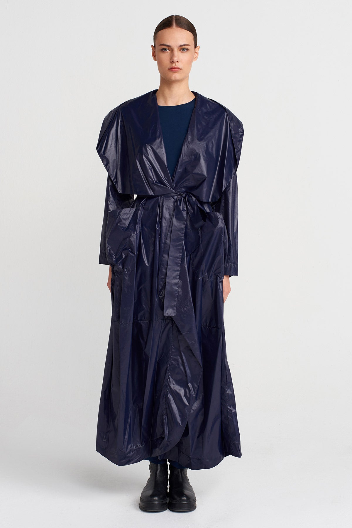 Night Blue Shiny Fabric Belted Long Coat-K257017020
