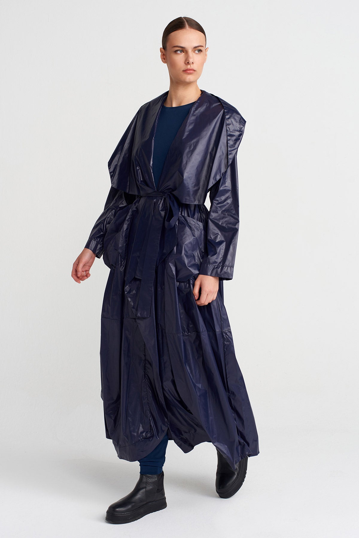 Night Blue Shiny Fabric Belted Long Coat-K257017020