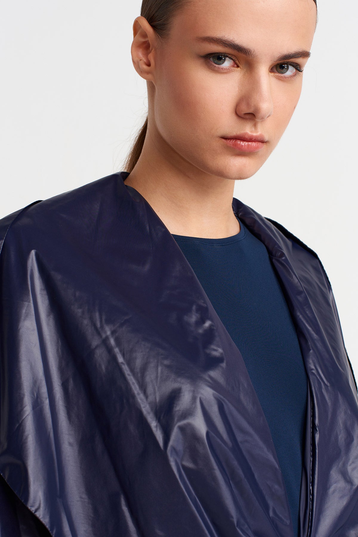Night Blue Shiny Fabric Belted Long Coat-K257017020
