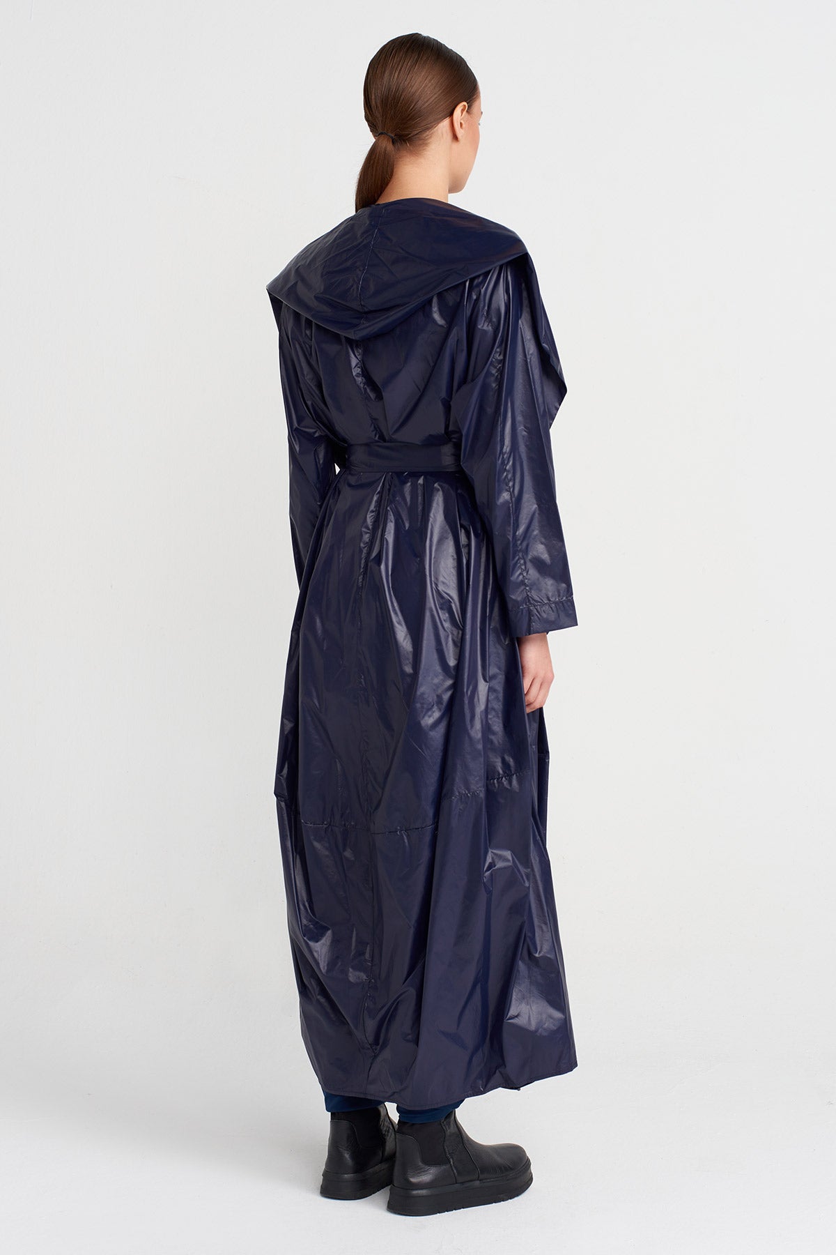 Night Blue Shiny Fabric Belted Long Coat-K257017020
