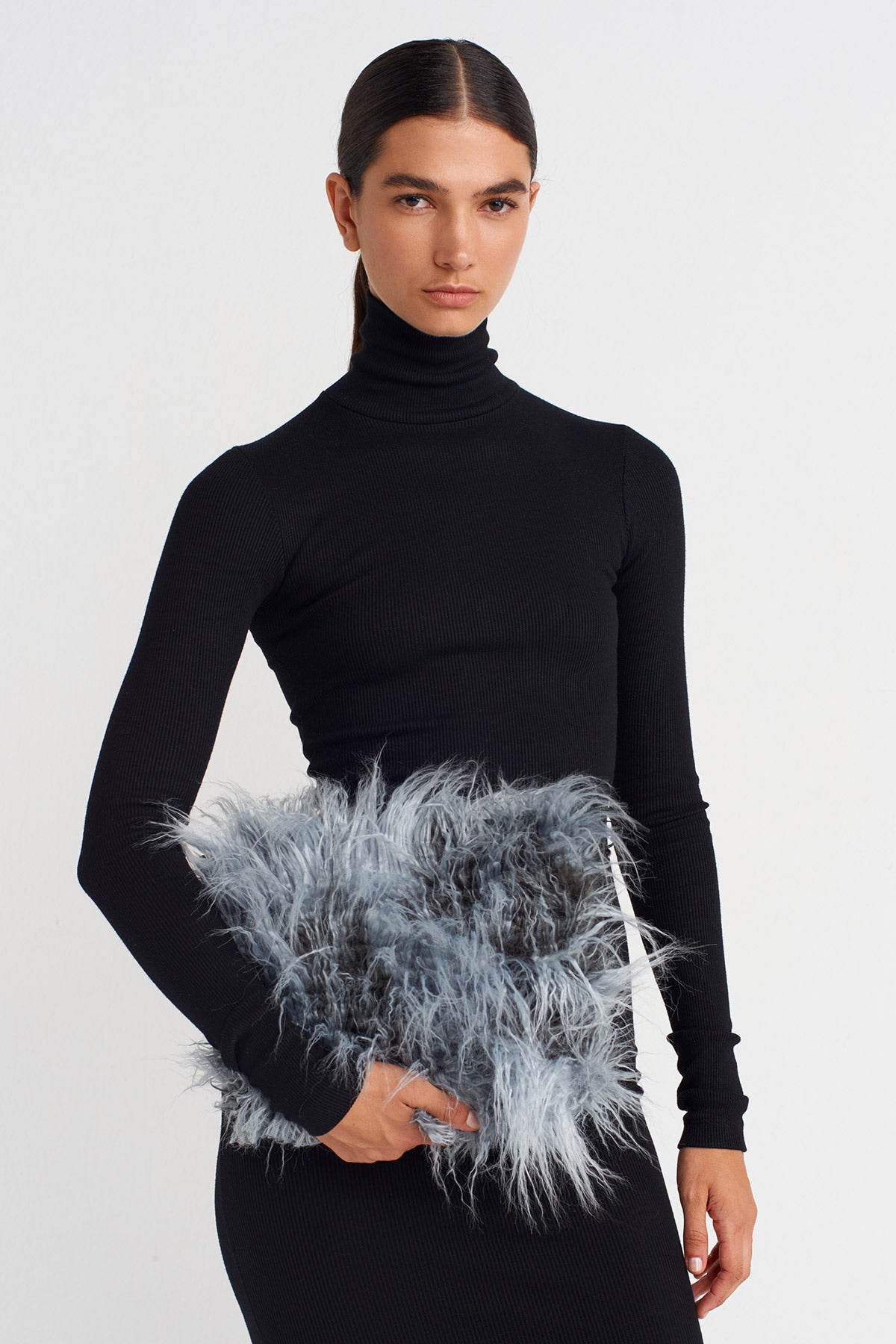 Off White/Black Faux Fur Shoulder Bag-K258018013